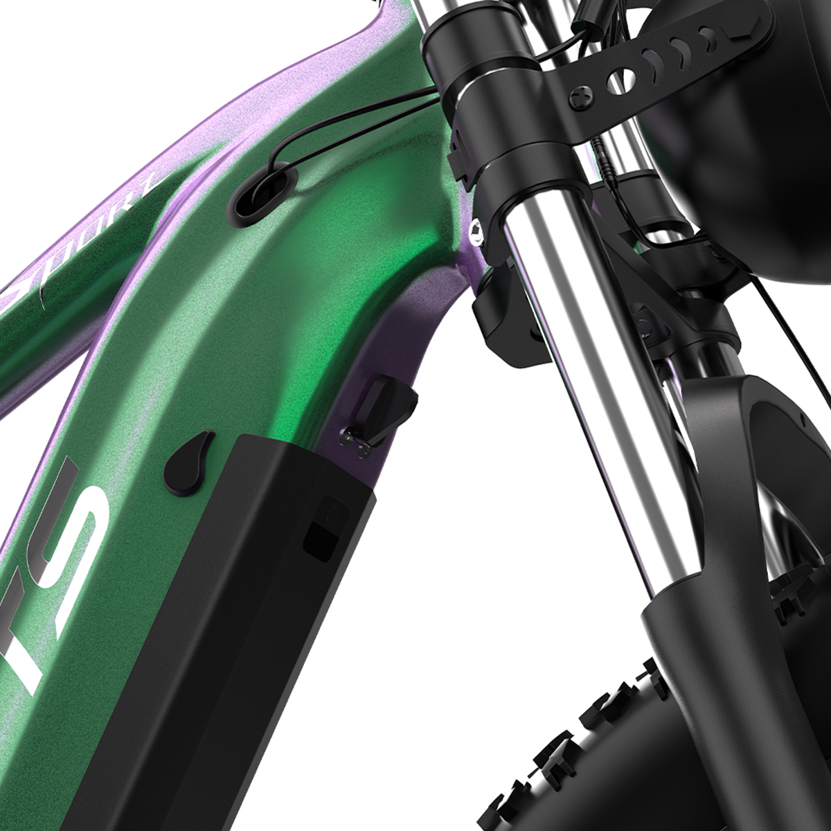 Zbliżenie zielono-fioletowego roweru elektrycznego. Rower jest w pomieszczeniu.