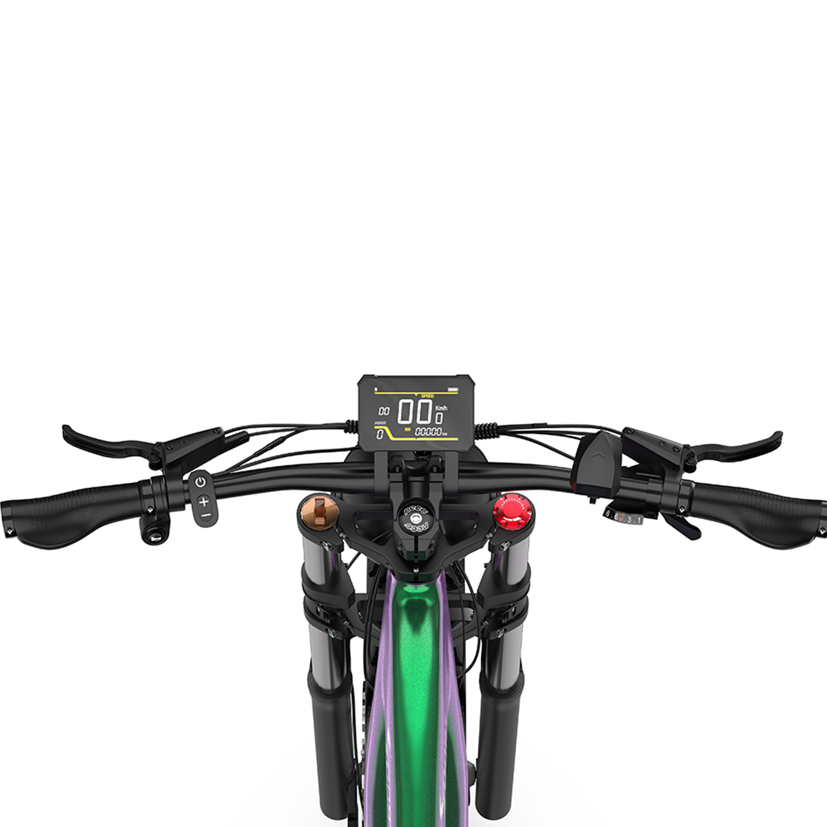Widok kierownicy zielonego roweru elektrycznego. Ma wyświetlacz, światła i elementy sterujące.