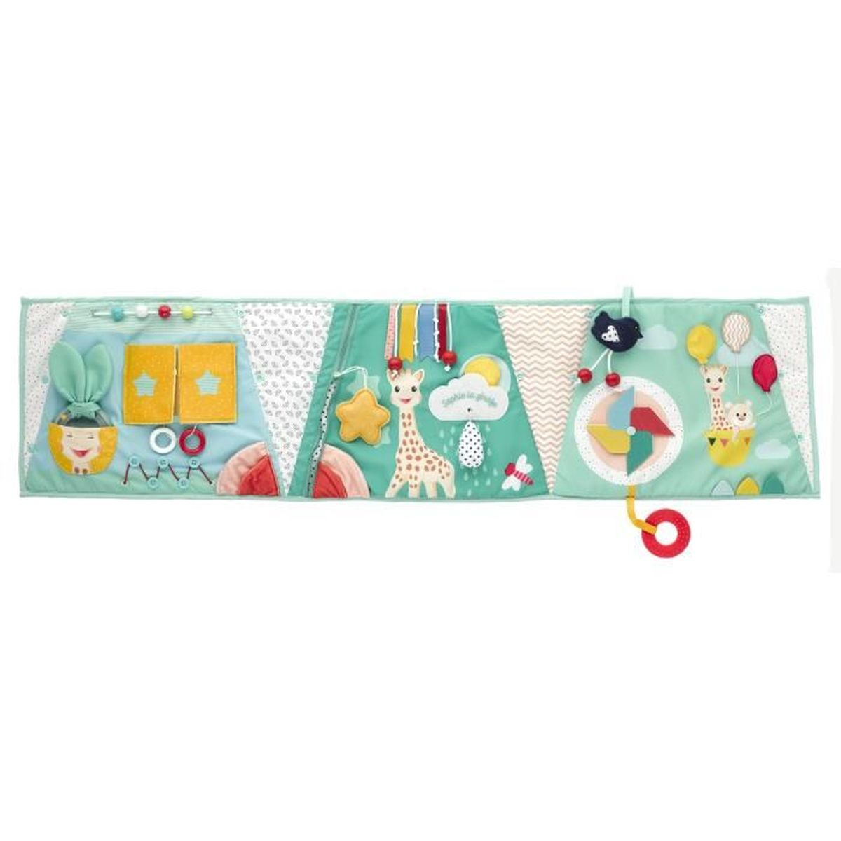 Ein farbenfrohes Babyspielzeug mit verschiedenen Texturen und Formen, einschließlich Giraffe und Sterne.