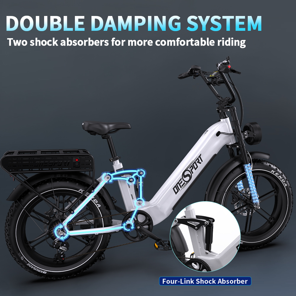 Ein Elektrofahrrad mit Doppel-Dämpfungssystem mit detaillierter Ansicht eines Stoßdämpfers.