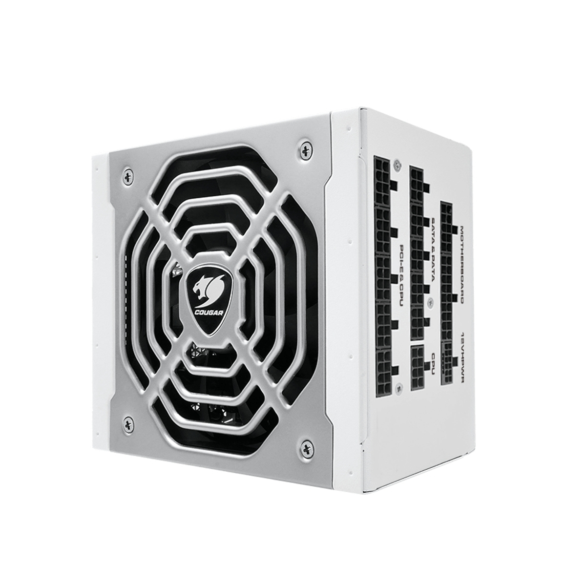 Un alimentatore per computer argento e bianco con una ventola e più porte di connessione.