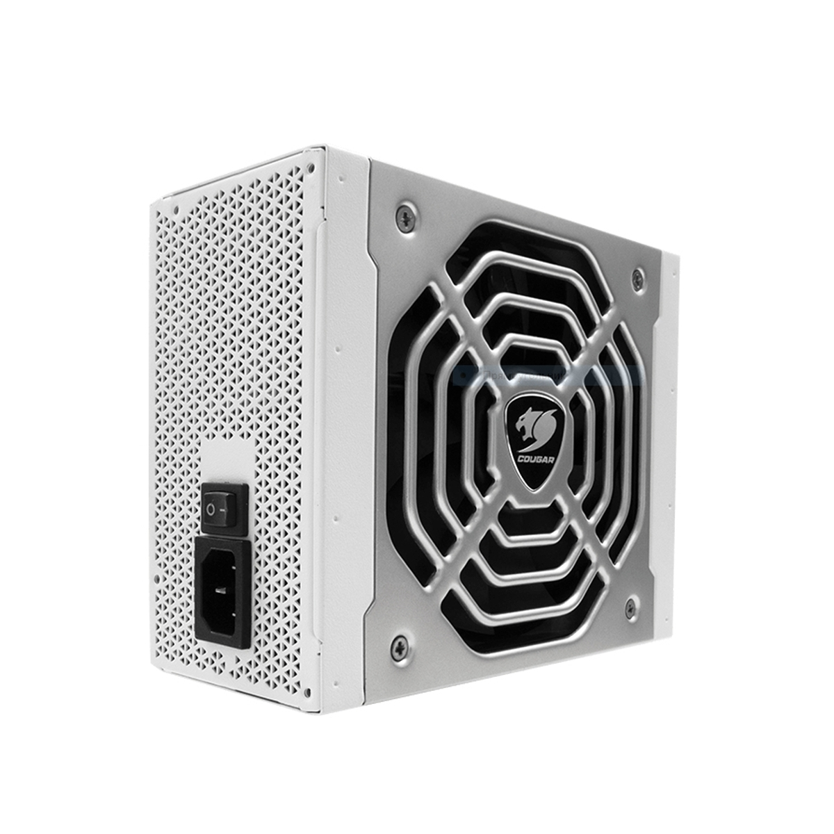 Alimentatore per computer bianco. Forma quadrata con ventola e ingresso alimentazione. Logo Cougar.