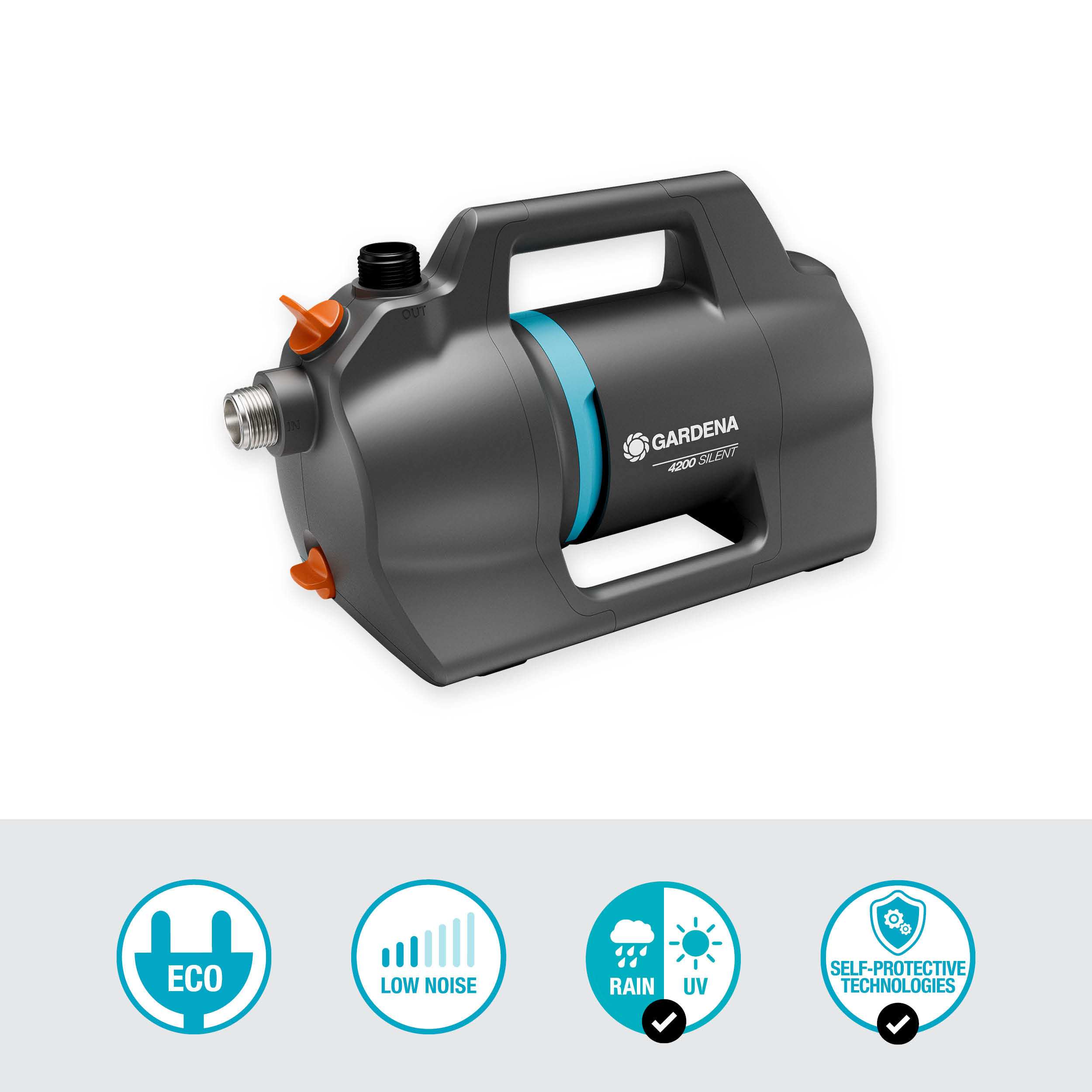 Szara pompa wodna z niebieskimi i pomarańczowymi akcentami, z ikonami dla eko, niskiego hałasu, deszczu/UV i samoobrony.