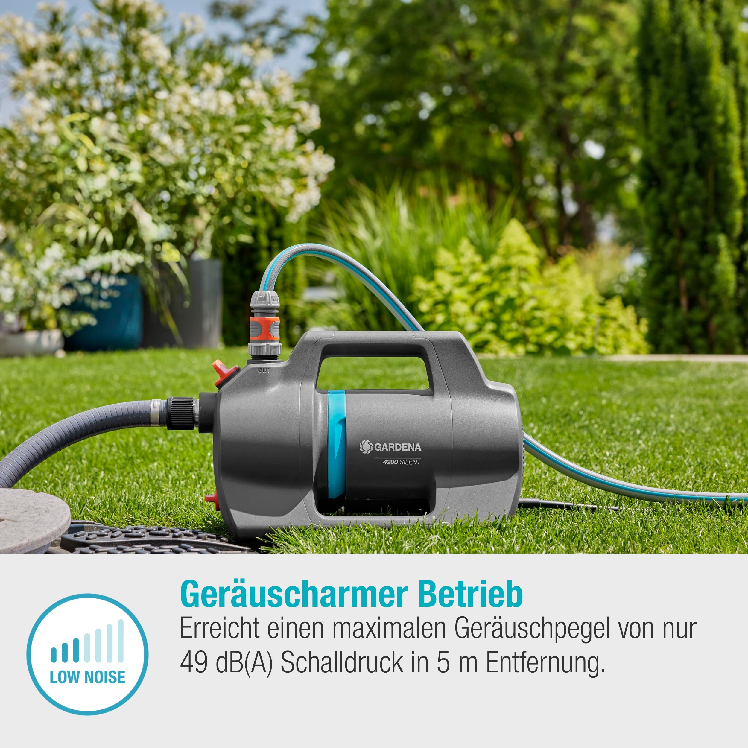Pompa wodna Gardena na trawie. Tekst mówi: niski poziom hałasu.