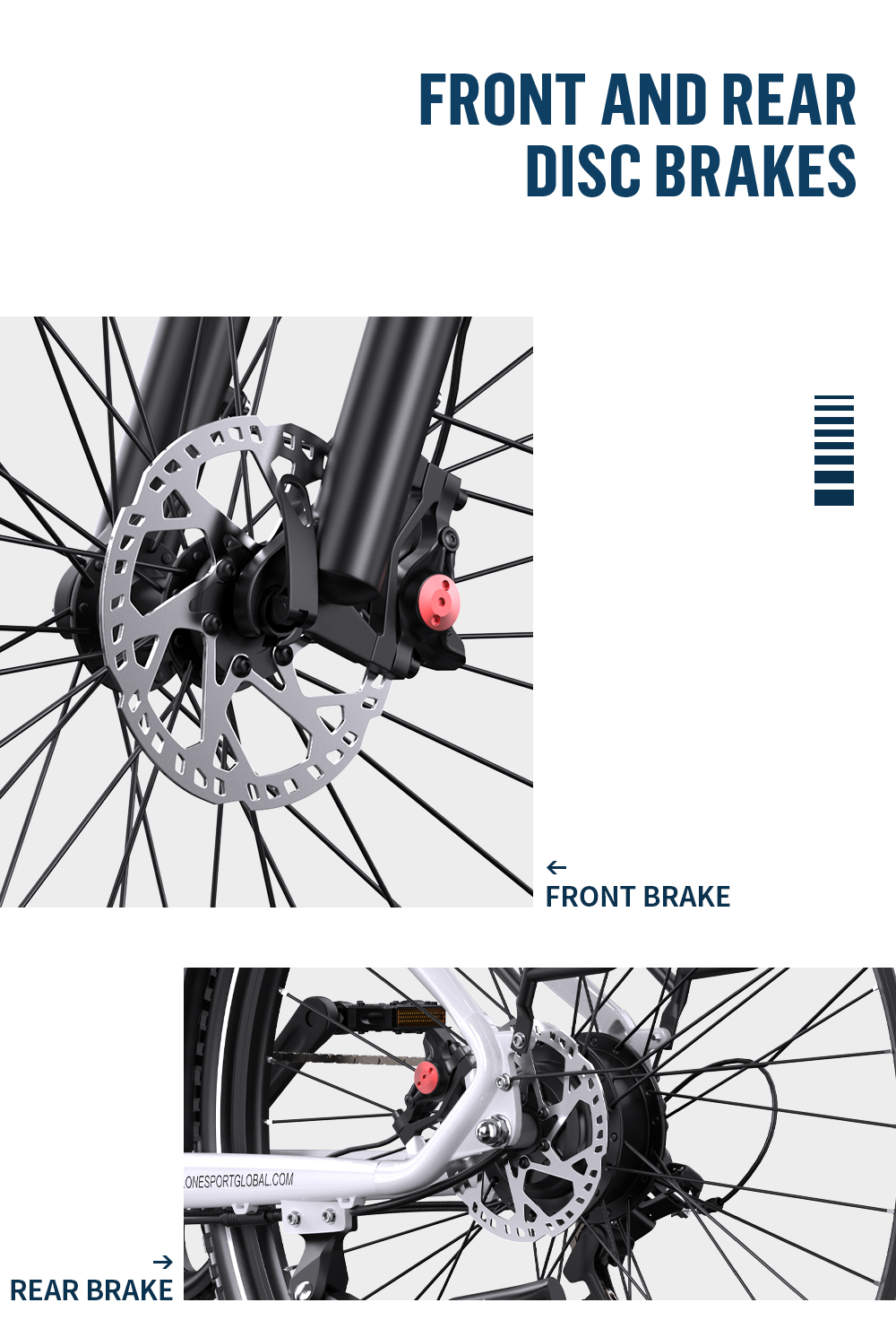 Zbliżenie przednich i tylnych hamulców tarczowych w białym rowerze elektrycznym.