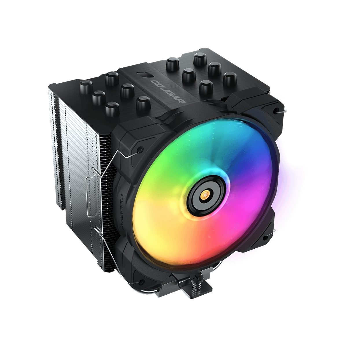Ventola per computer con luce RGB colorata. Ha una cornice nera e un dissipatore di calore argentato.