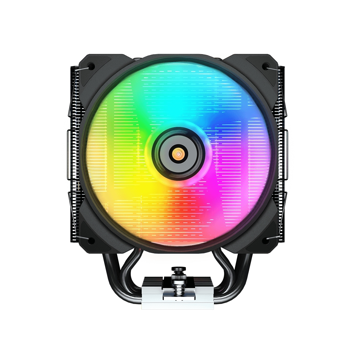 Ventola per computer con luce RGB colorata. Ha una cornice nera e un dissipatore di calore argentato.
