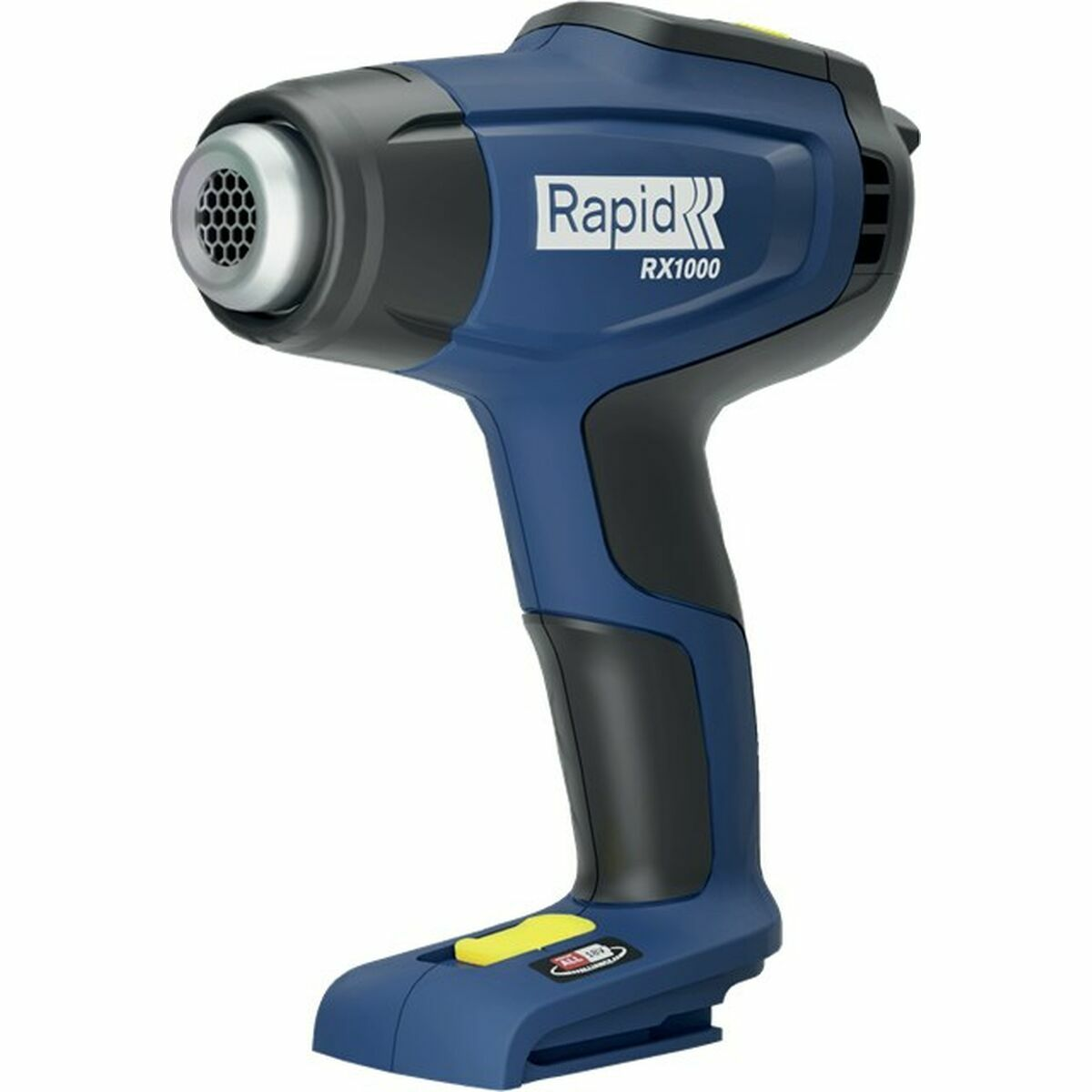 Niebiesko-czarny pistolet na gorące powietrze z etykietą Rapid RX1000, na białym tle.