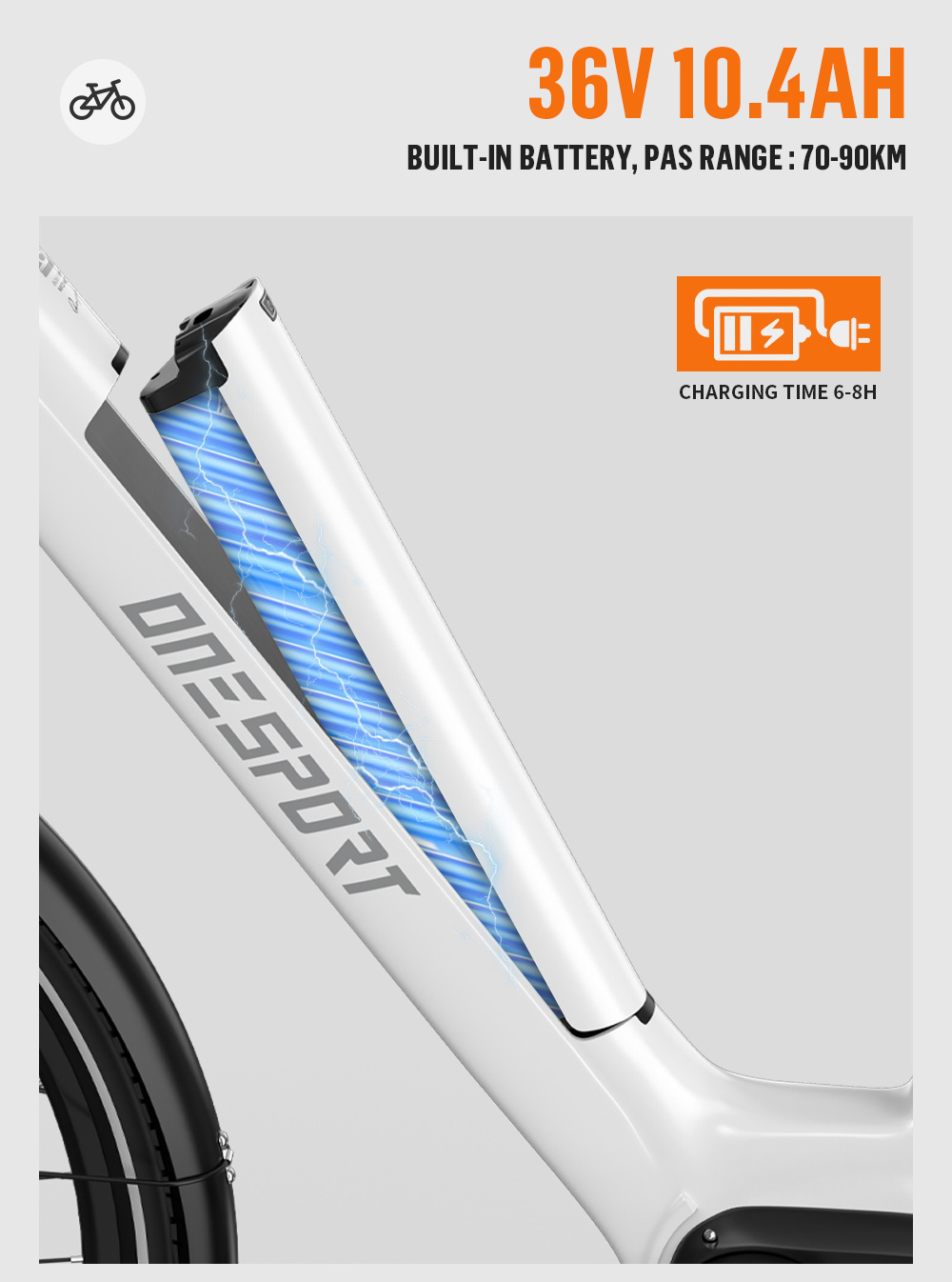 Bicicleta eléctrica blanca con batería integrada. La batería es blanca con gráficos de relámpagos azules.