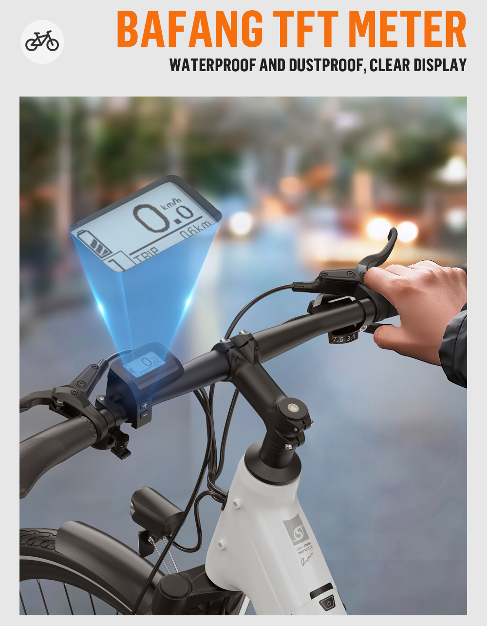 Manillar de bicicleta con pantalla digital que muestra la velocidad y la distancia. Texto en la parte superior.