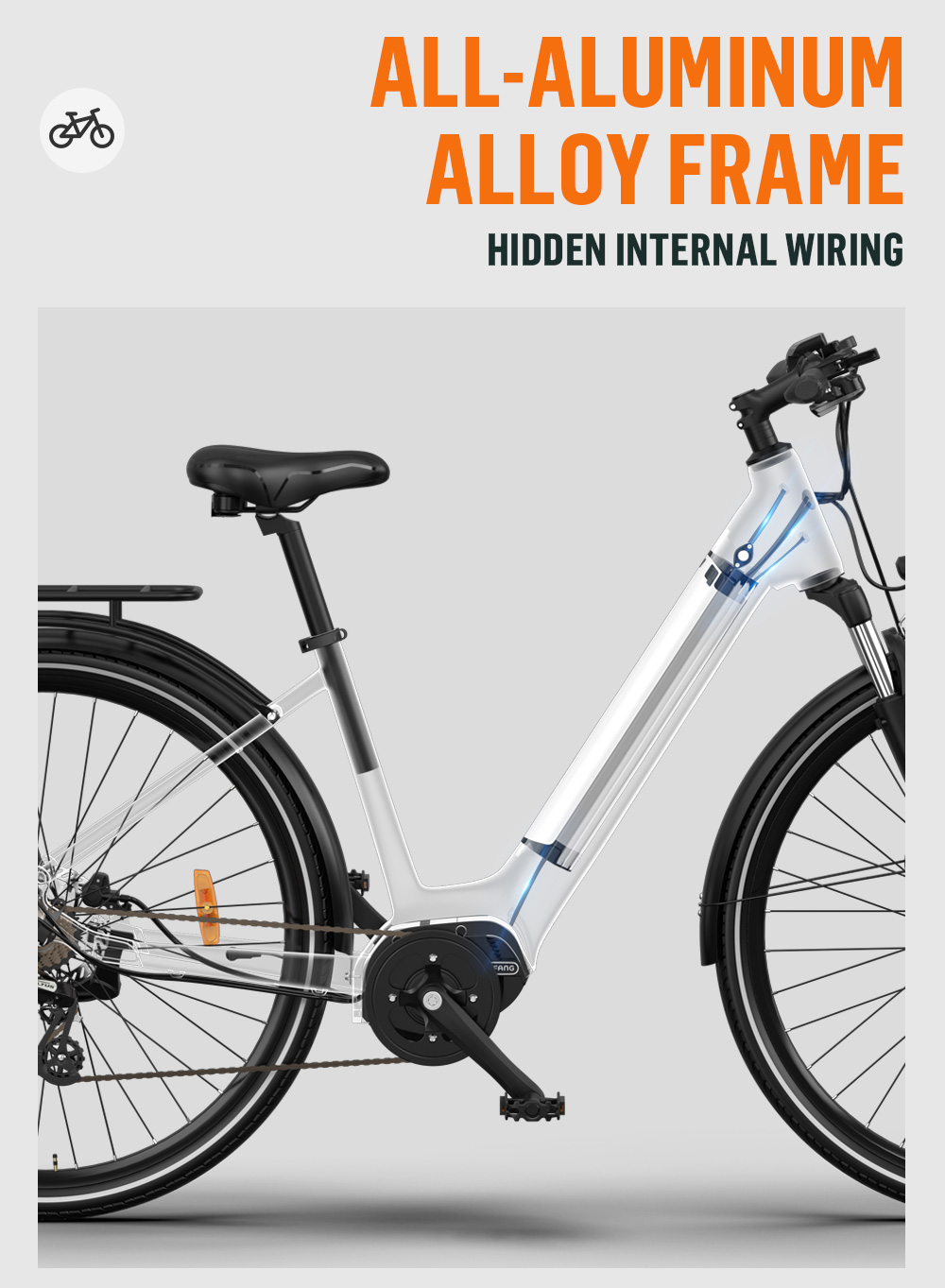 Diagrama de los componentes internos de una bicicleta. Marco blanco y cableado azul. Texto: All-Aluminum Alloy Frame.
