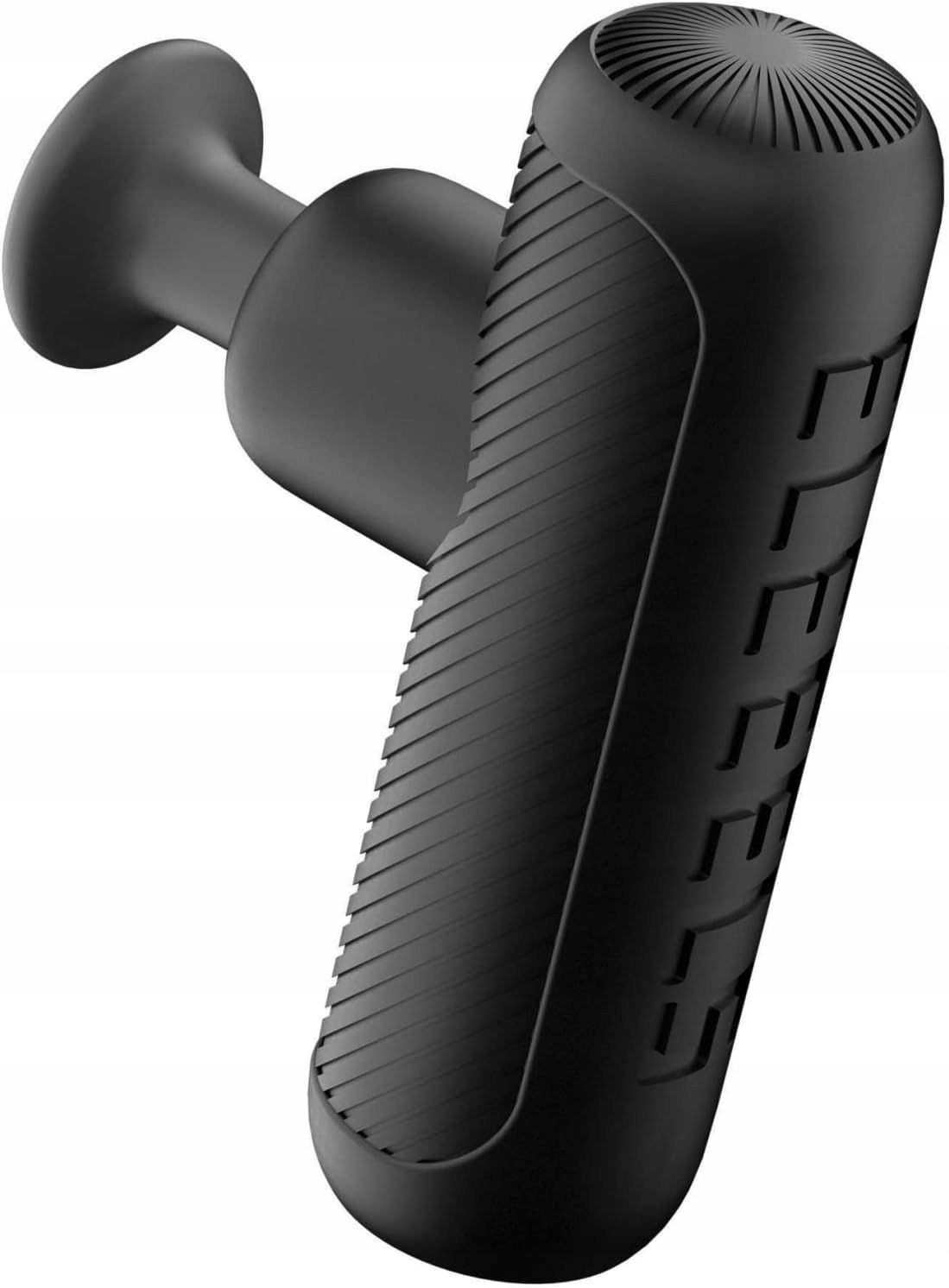 Czarny przyrząd do masażu z żebrowanym uchwytem i zaokrągloną główką, na białym tle.