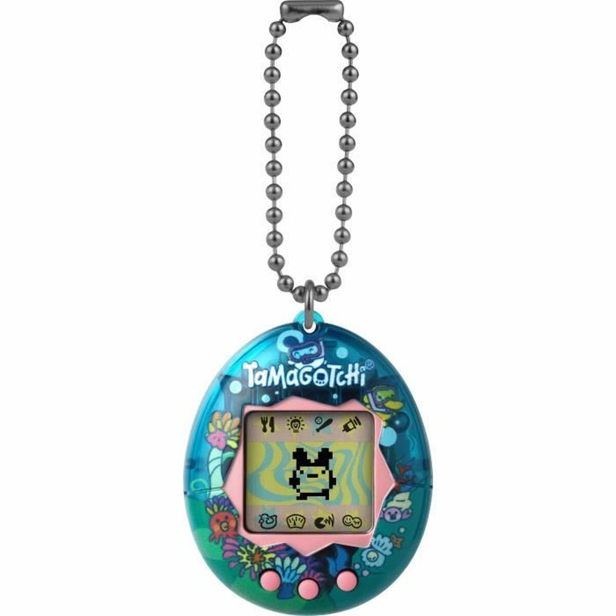 Zabawka Tamagotchi, niebieski plastik, z ekranem wyświetlającym wirtualnego zwierzaka.