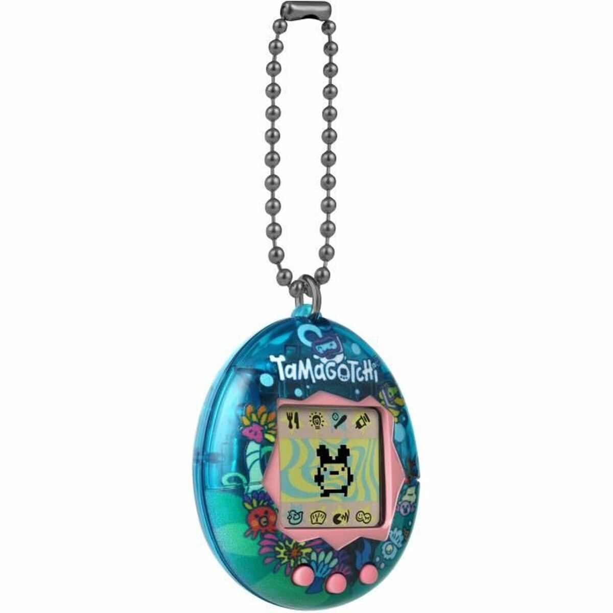 Zabawka Tamagotchi, niebieski plastik, z ekranem wyświetlającym wirtualnego zwierzaka.