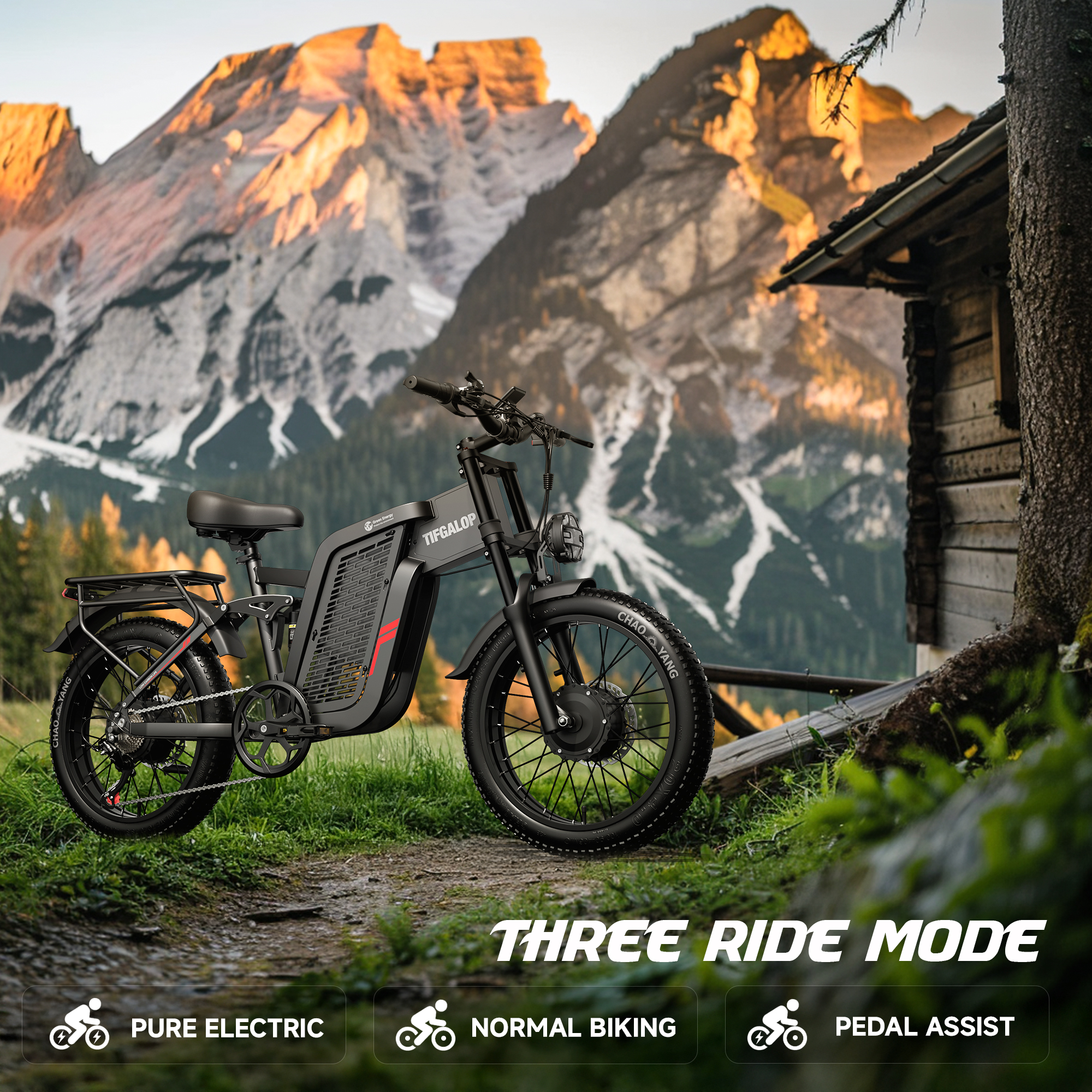 Czarny rower elektryczny na szlaku. Góry i mały drewniany dom w tle. Trzy tryby jazdy.