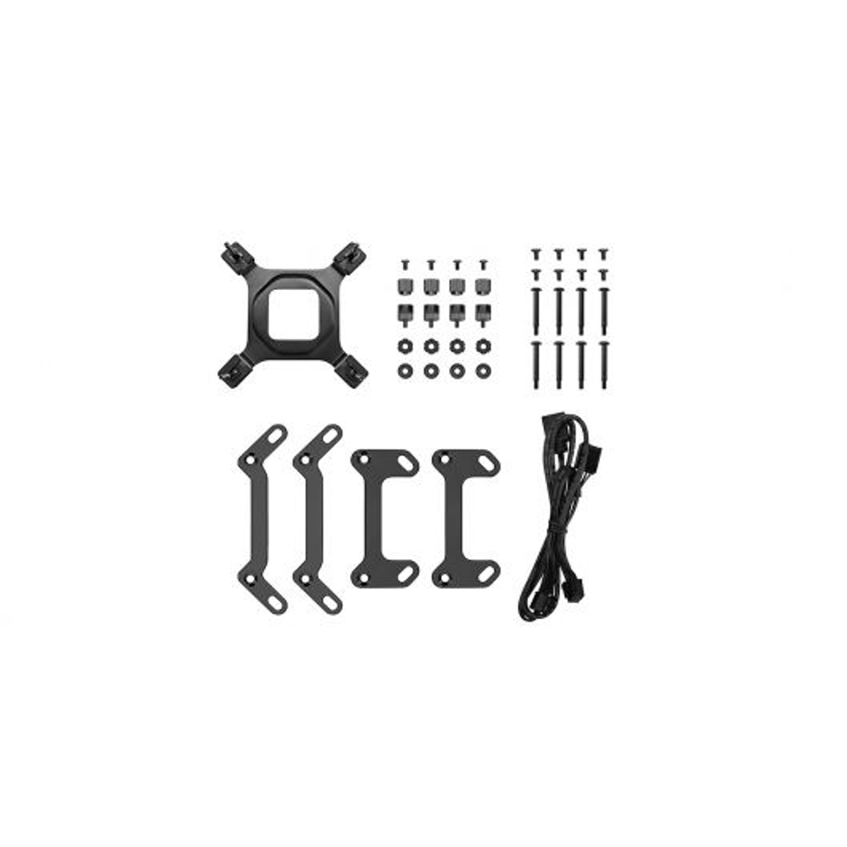 Computer components arranged on a white background. 