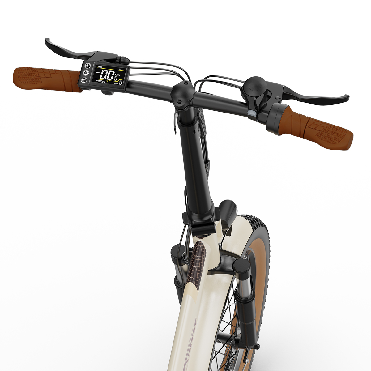 Primo piano del manubrio della bici elettrica. Impugnature marroni, display e comandi. Sfondo bianco.