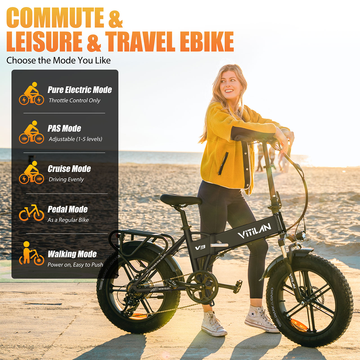 Kobieta z e-bike'iem, tło plaży. Rower ma tekst i tryby: czysty elektryczny, PAS, cruise, pedał, chodzenie.