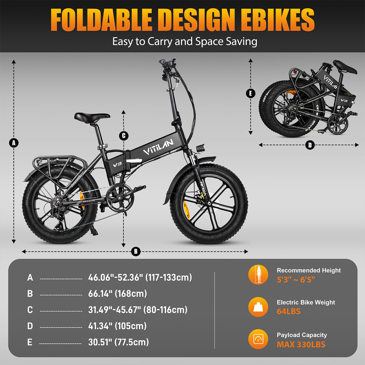 Diagram składanego roweru elektrycznego z wymiarami. Zawiera zalecaną wysokość, wagę i udźwig.
