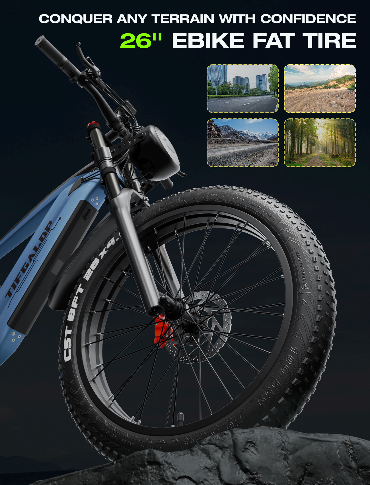 E-bike z grubymi oponami jest pokazany z czterema małymi obrazami różnych terenów, tekst: 26" EBIKE FAT TIRE.