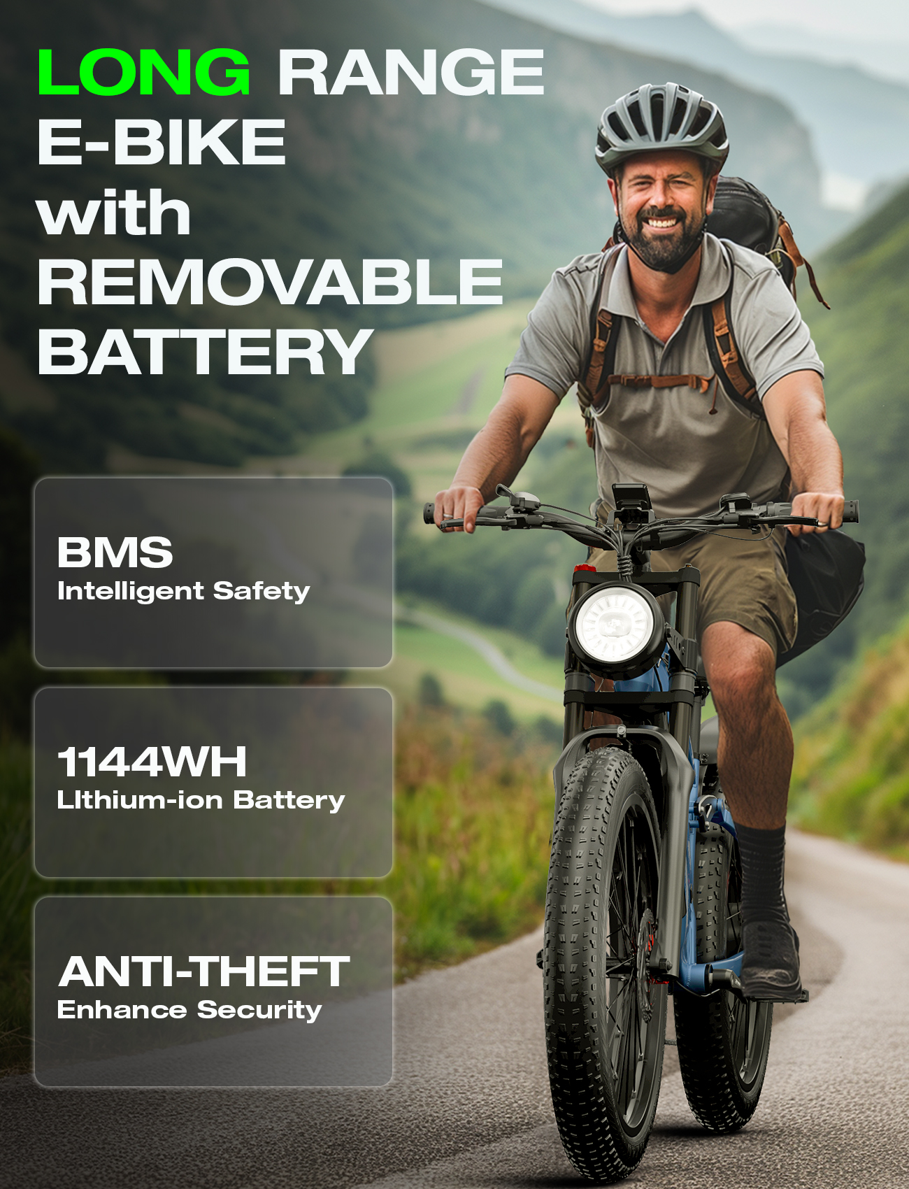 Mężczyzna jadący na e-bike'u z wyjmowaną baterią. Niebieski rower, zielone tło z tekstem: duży zasięg, zabezpieczenie przed kradzieżą.