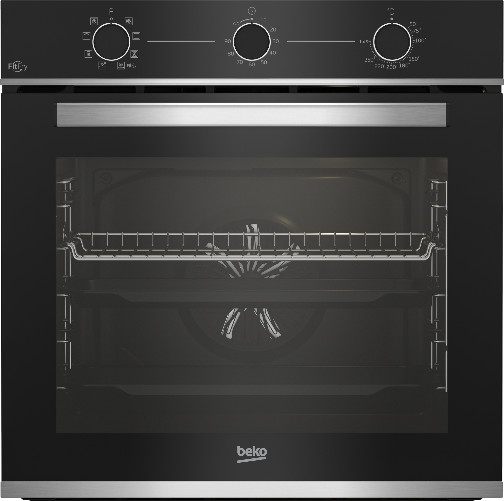 Forno nero con porta a vetro chiusa. Maniglia in acciaio inossidabile. Sfondo nero.