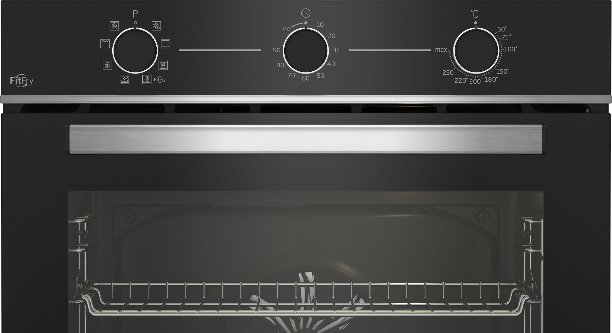 Parte anteriore del forno, nera con comandi e vista interna. Manopole, display della temperatura e griglia metallica visibili.