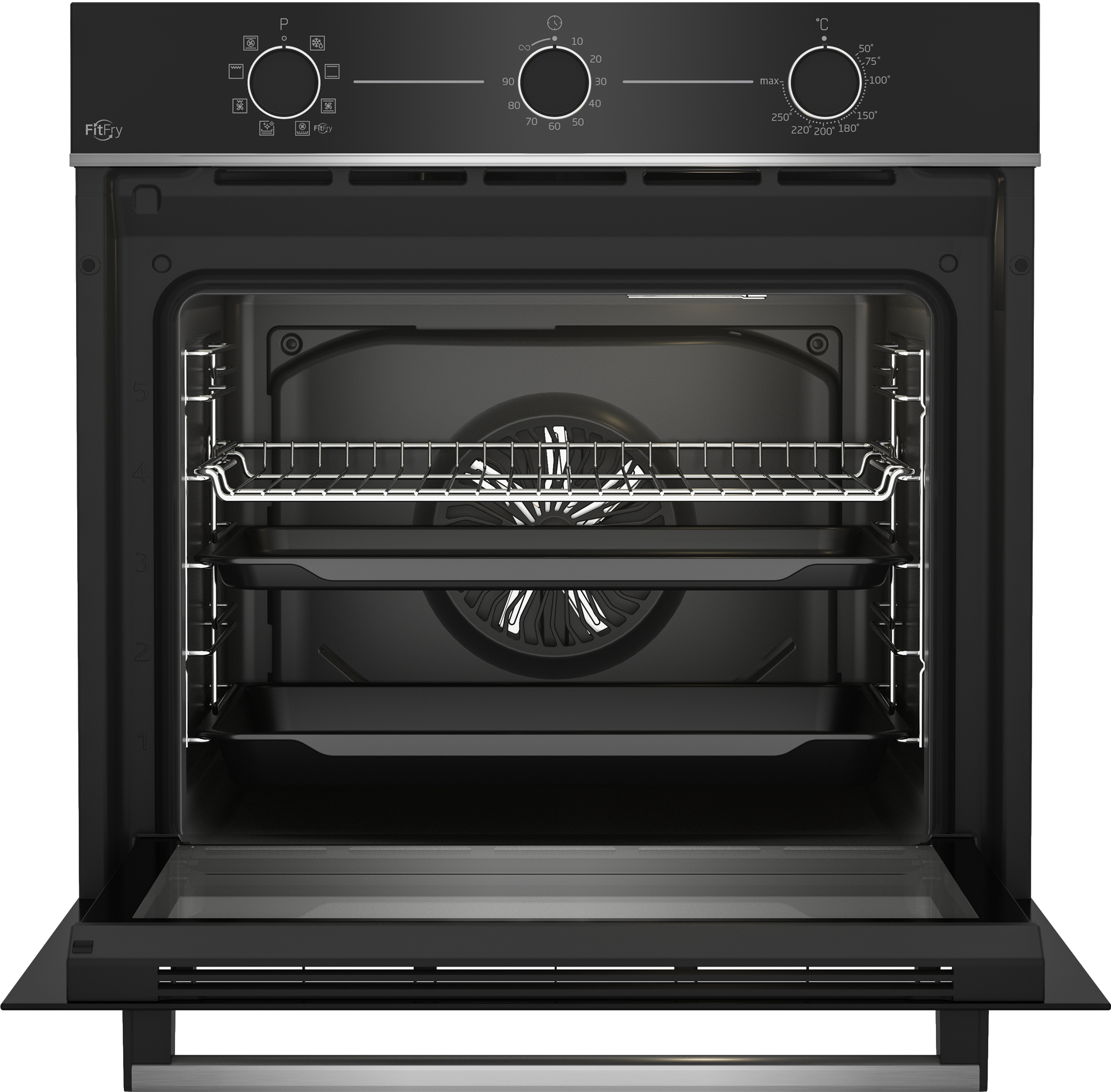 Forno nero aperto con griglie e ventola. Comandi in alto. Porta a vetro aperta.