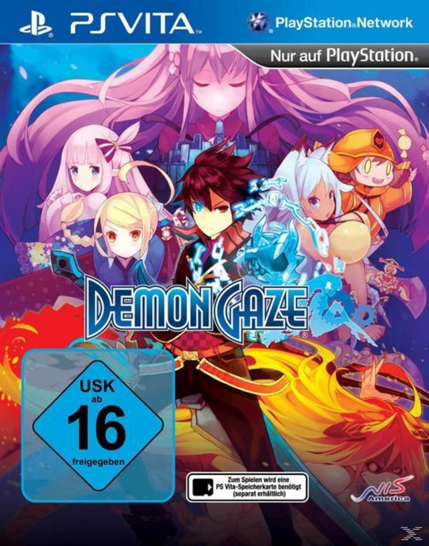 Spielcover: Anime-Figuren, Titel 'Demon Gaze', USK-Bewertung 16 und PlayStation Vita-Logo.