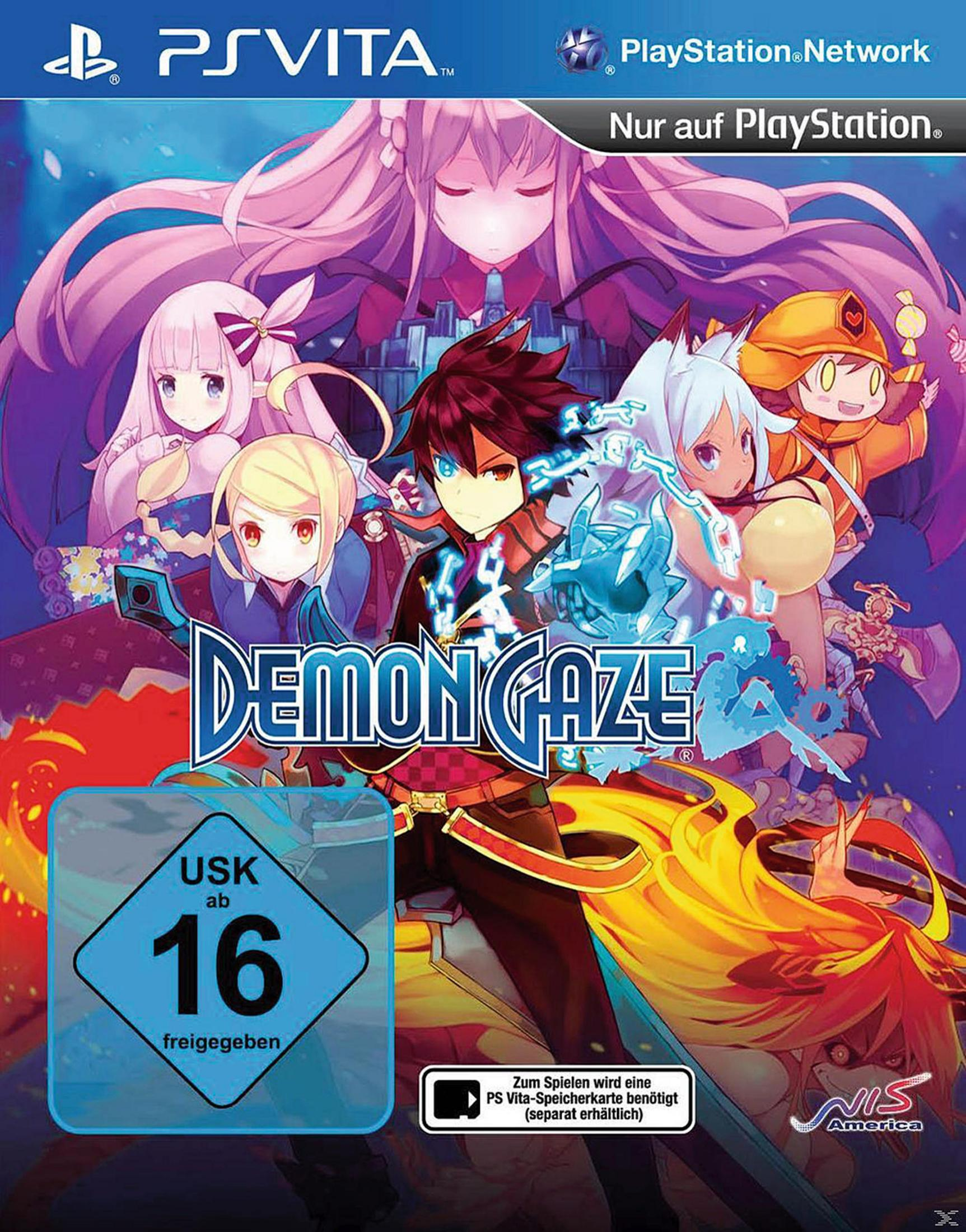 Spielcover: Anime-Figuren, Titel 'Demon Gaze', USK-Bewertung 16 und PlayStation Vita-Logo.