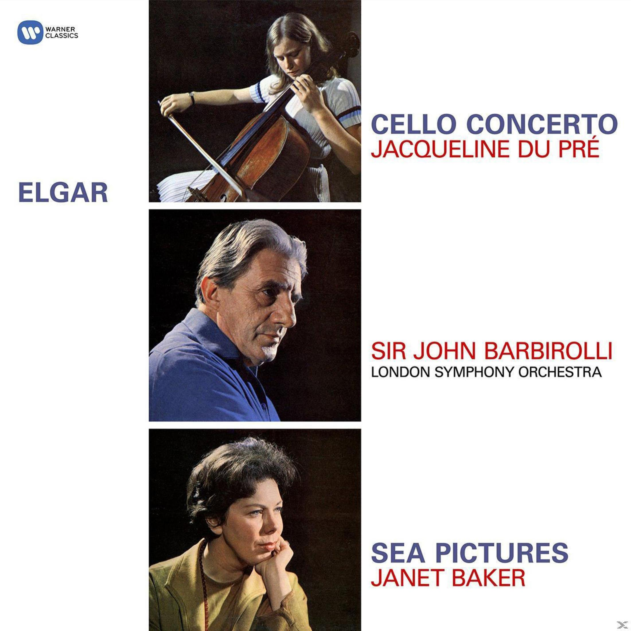Couverture d'album. Images d'un violoncelliste, d'un chef d'orchestre et d'une femme. Texte : Elgar, Concerto pour violoncelle, Sir John Barbirolli, Janet Baker.