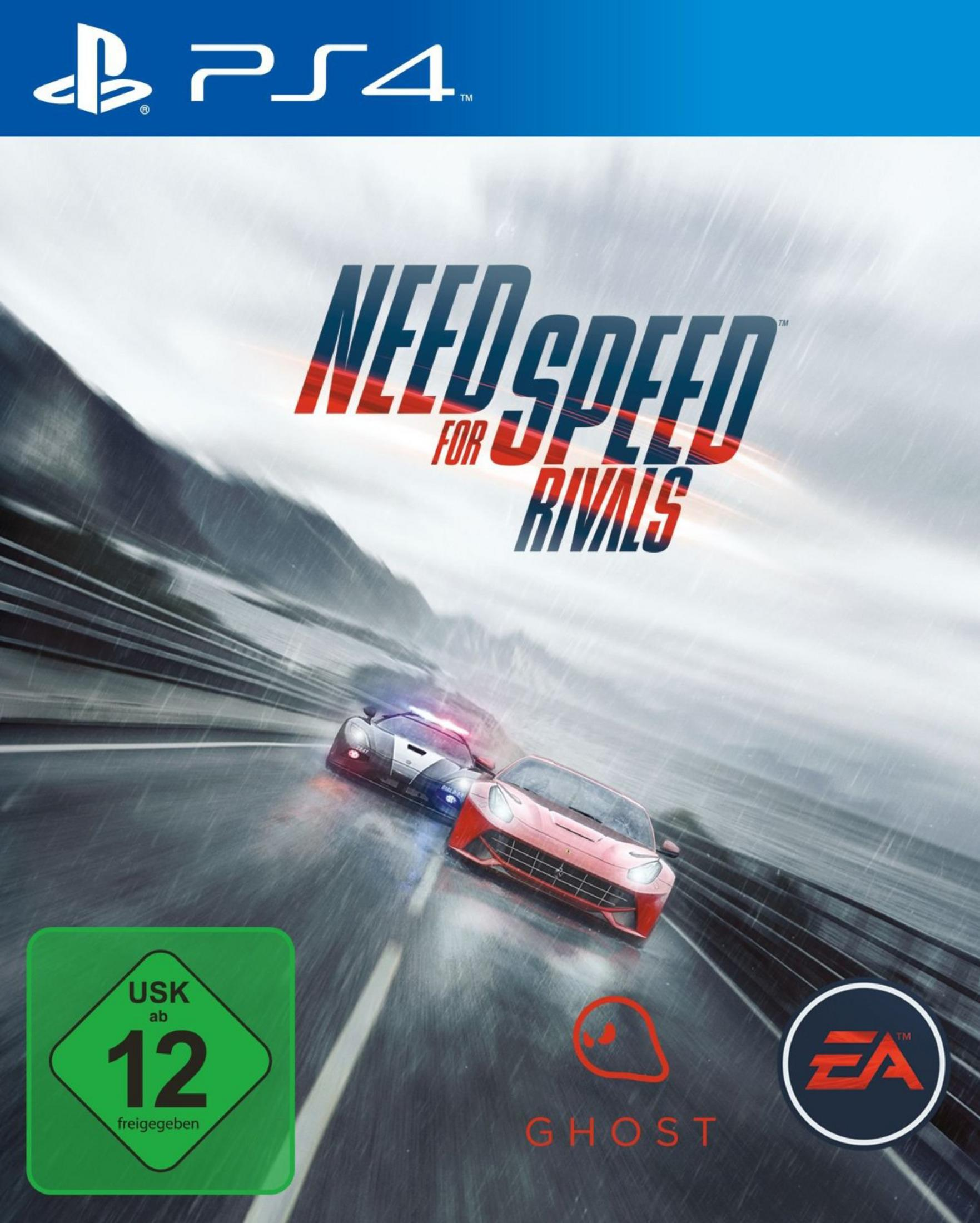 Copertina del gioco Need for Speed Rivals. Due auto corrono su una strada bagnata, logo PS4 in alto.