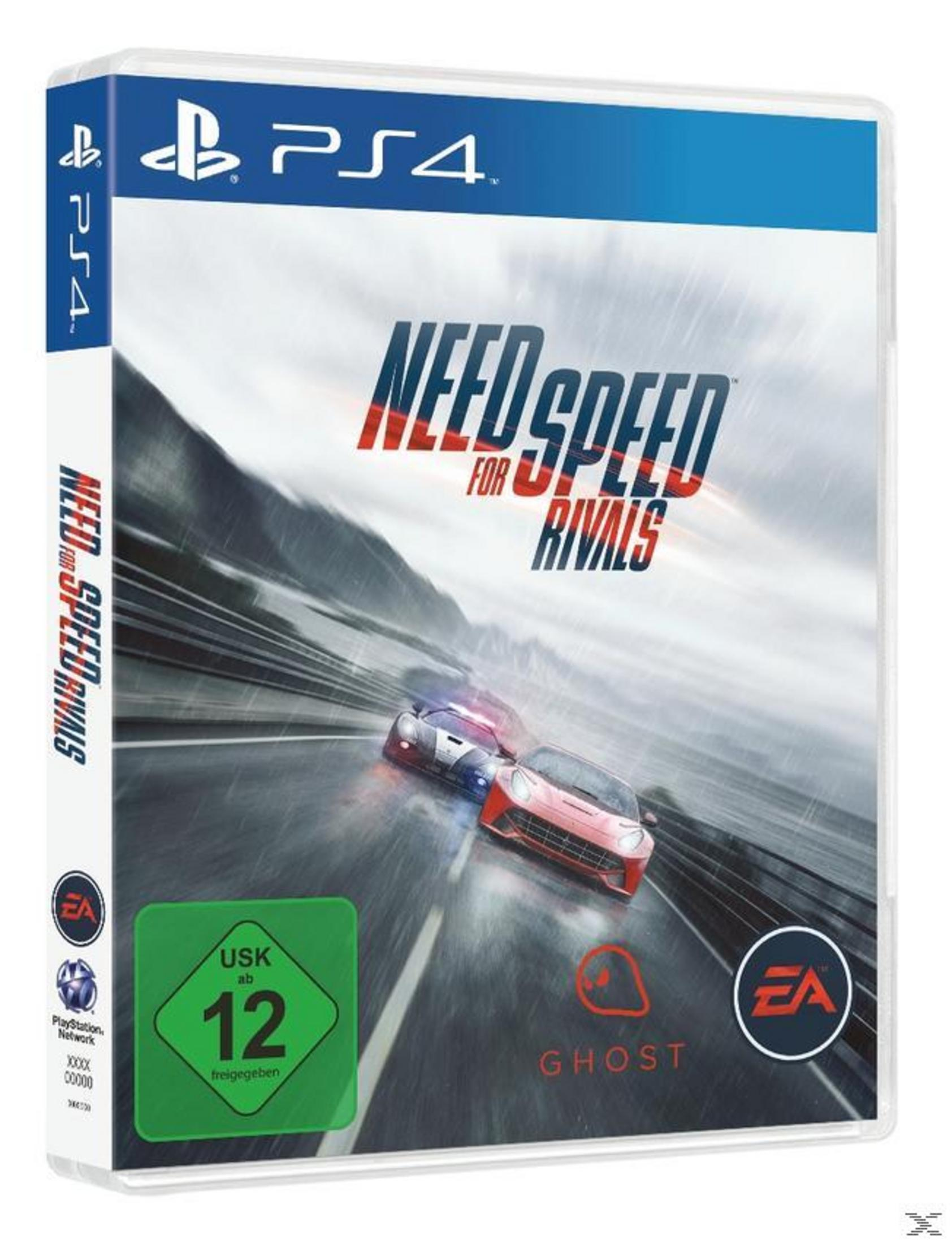 Scatola del gioco Need for Speed Rivals. Due auto corrono su strada, logo PS4 in alto a sinistra.