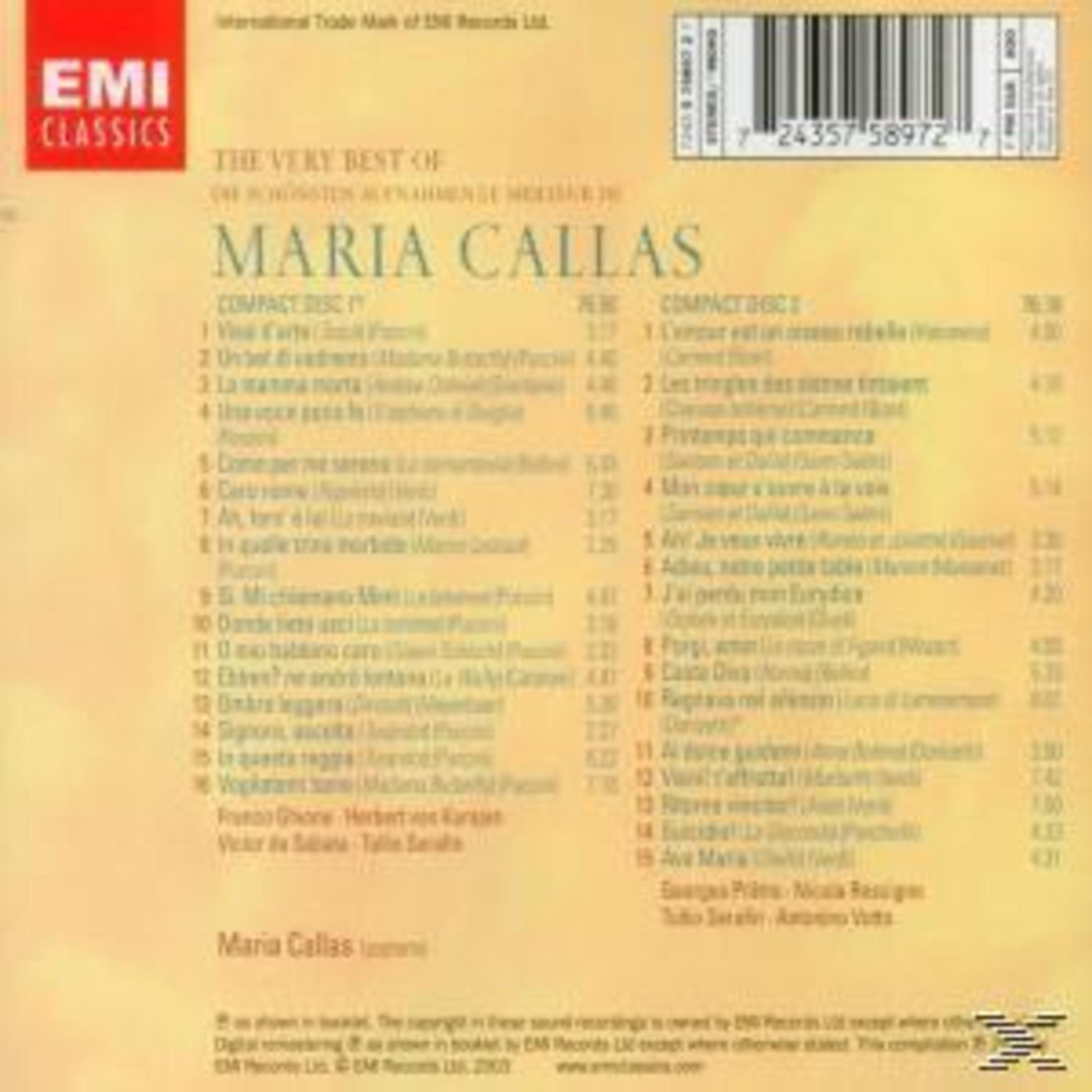 Tylna okładka płyty CD Marii Callas, z listą utworów i logo płyty kompaktowej.