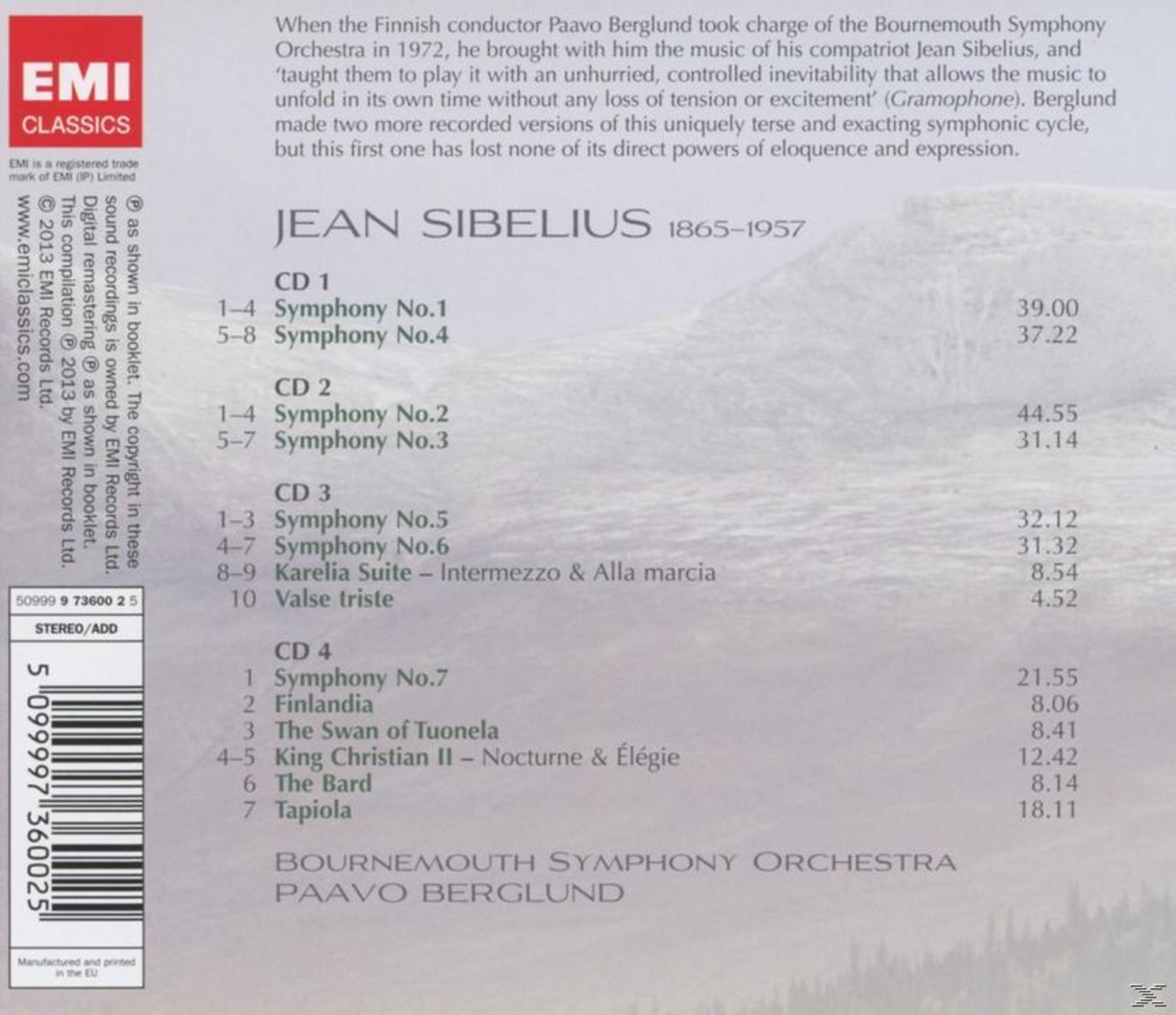 Pochette de CD avec texte sur Jean Sibelius et ses compositions. Comprend une liste de symphonies.