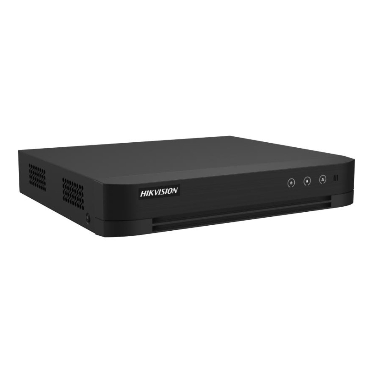 Dispositivo DVR HIKVISION negro, vista frontal, con luces de encendido y estado.