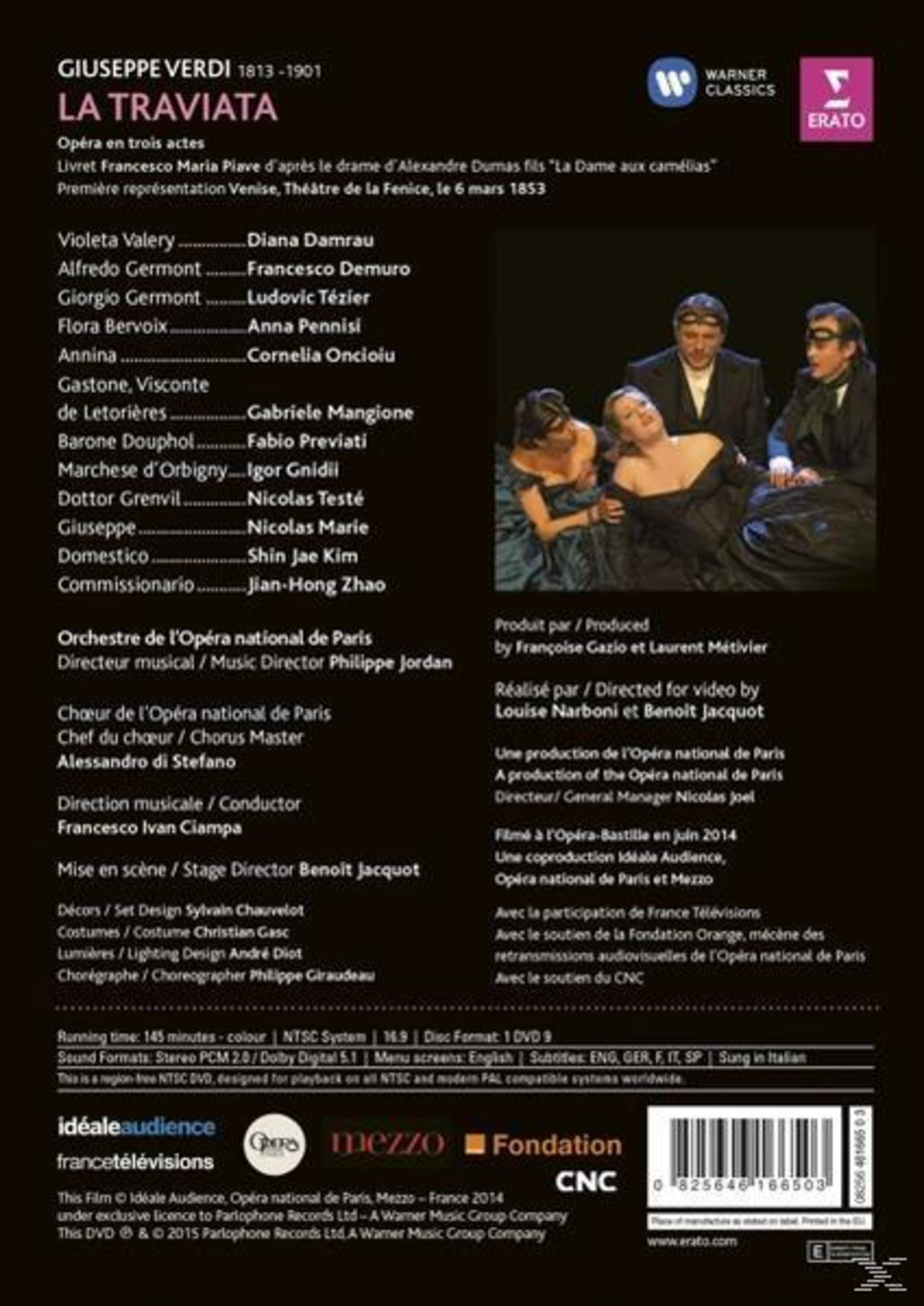 Okładka albumu z obsadą i napisami opery La Traviata Verdiego, ze sceną występu.