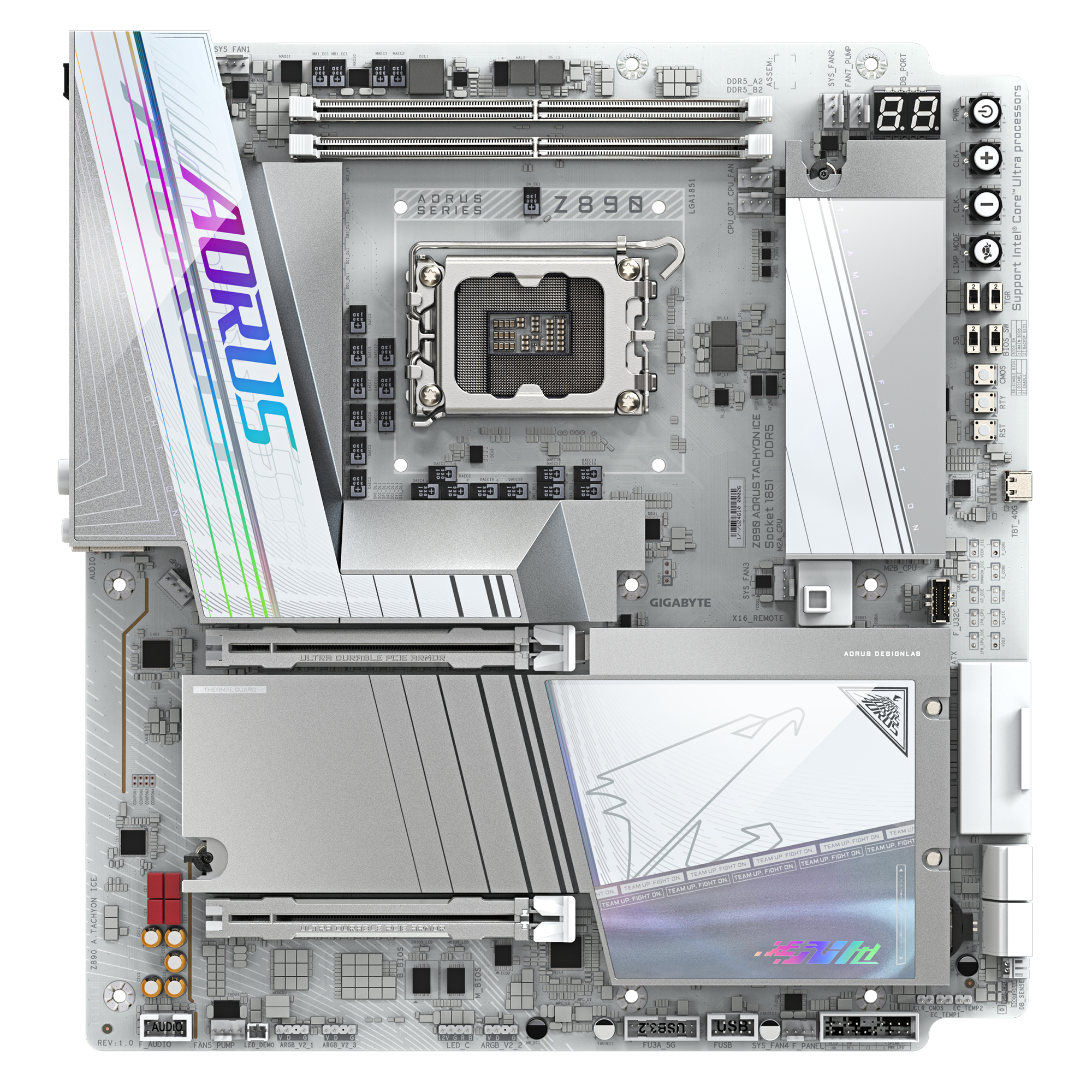 Scheda madre del computer. Design grigio e argento. Logo AORUS. Vari componenti.