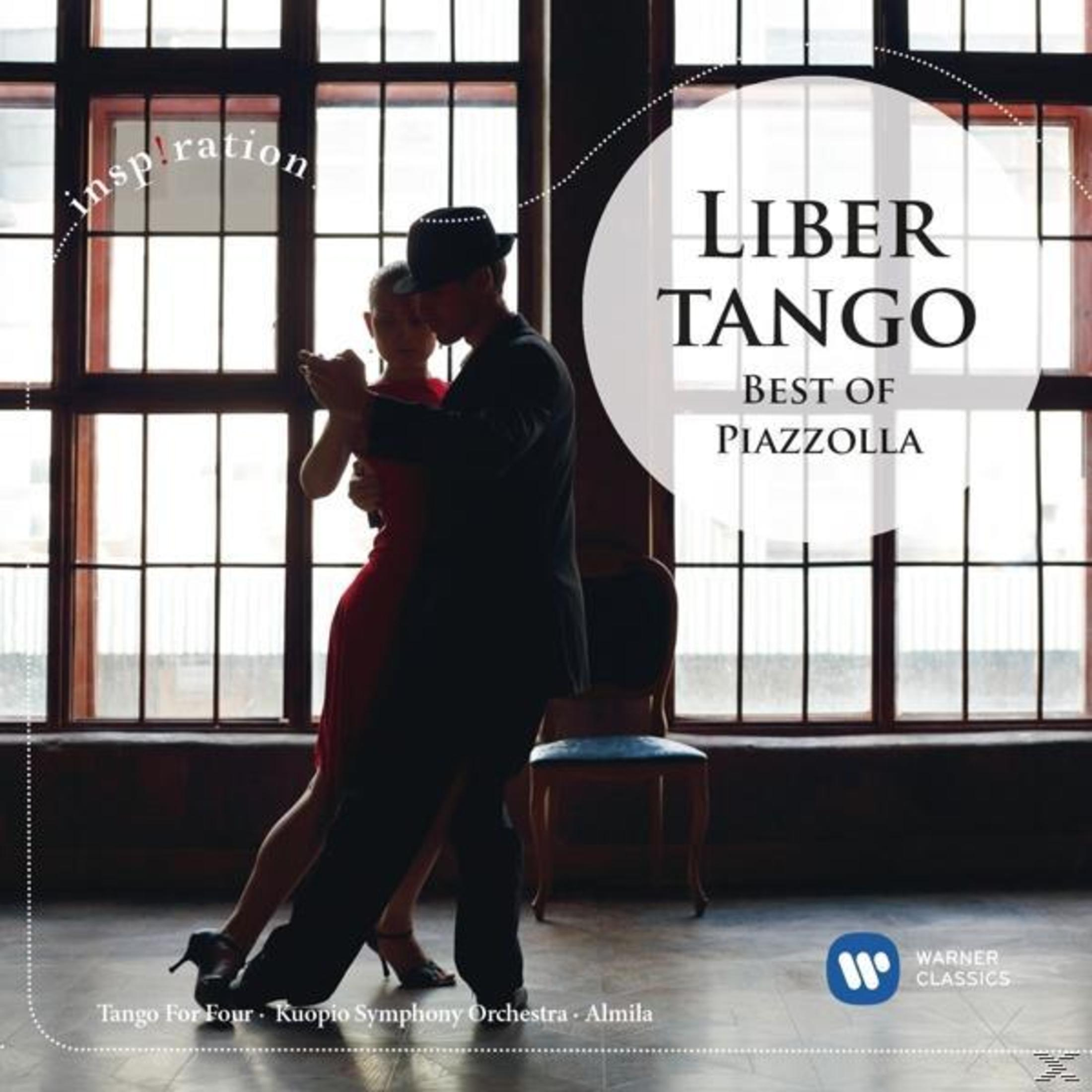 Couple dansant le tango. Texte : 'Liber Tango' et 'Best of Piazzolla'.