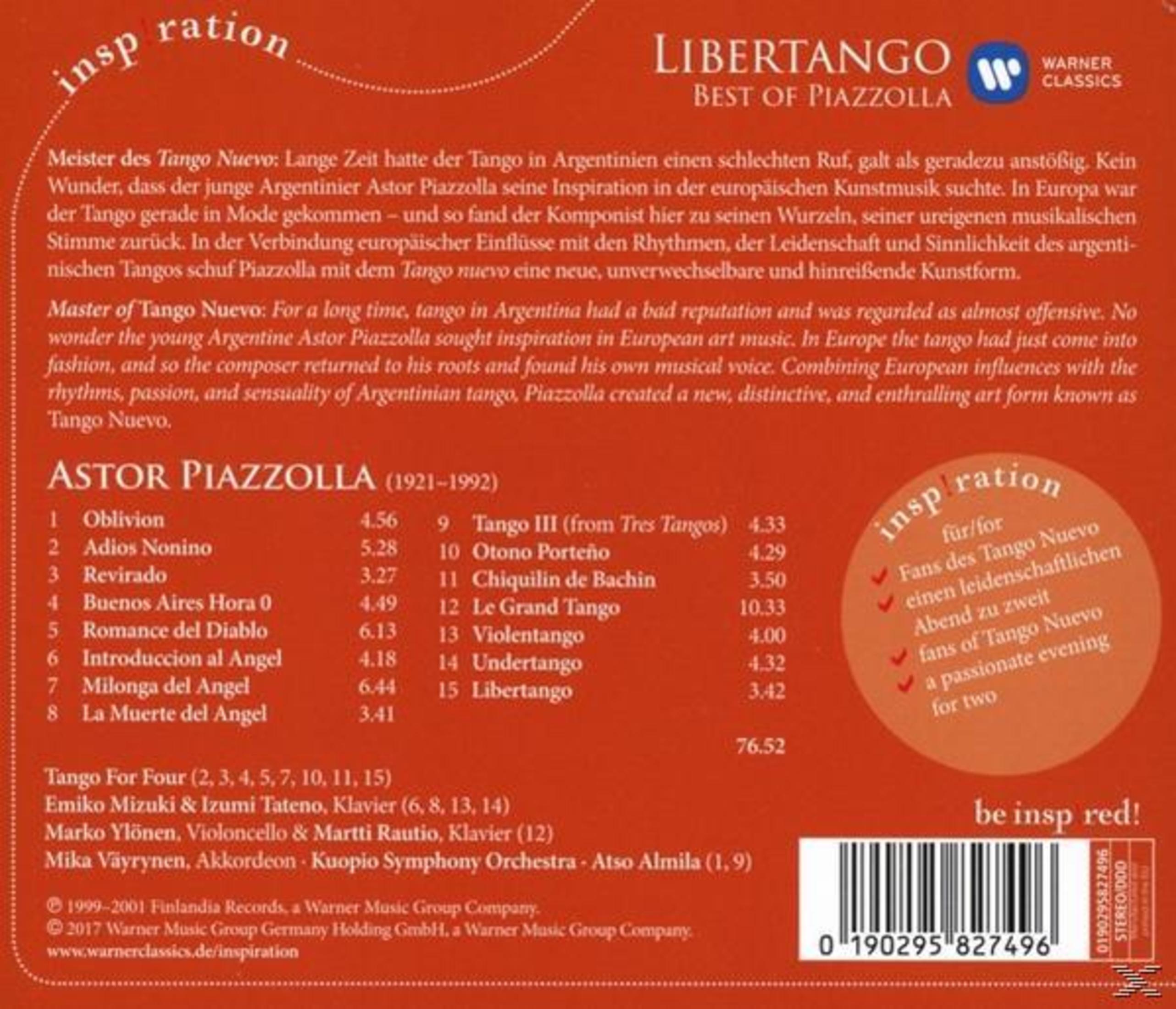 Pochette de CD : texte sur les côtés gauche et droit. Au centre, une liste de chansons et du texte sur la musique de tango.