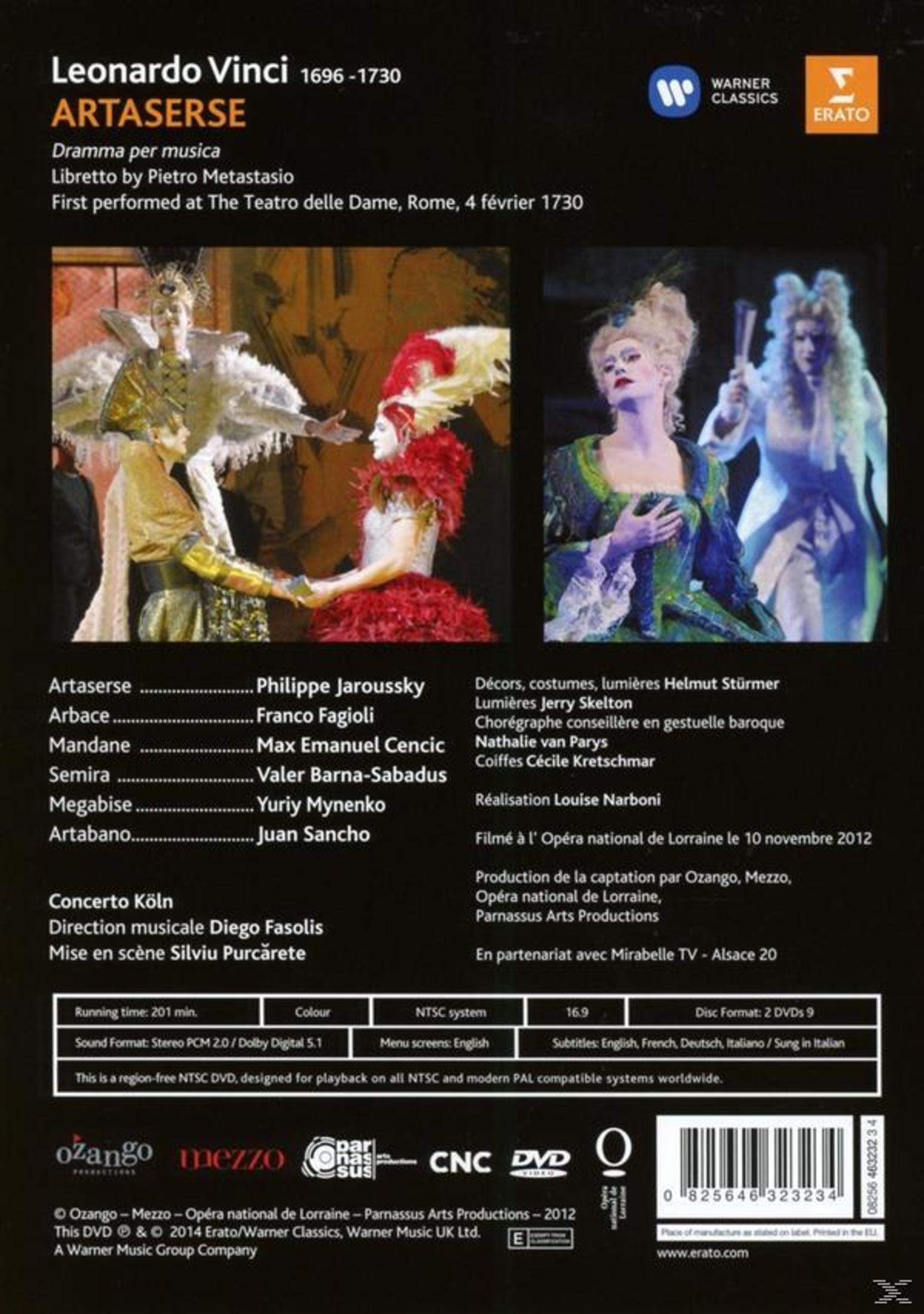 Okładka DVD opery Artaserse. Zawiera obsadę i scenę z opery Leonarda Vinciego.