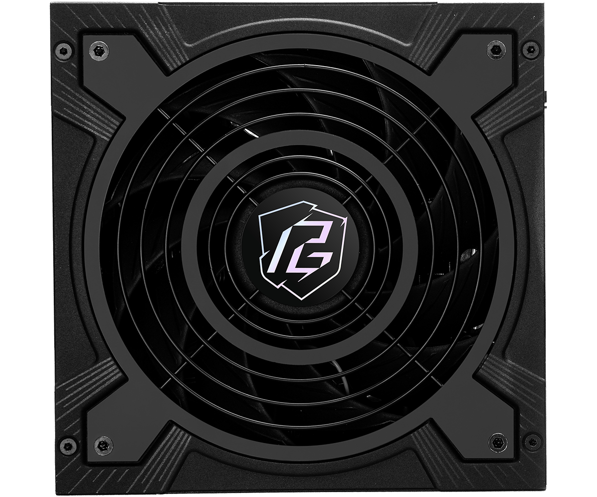 Czarny zasilacz komputerowy z wentylatorem. Wentylator ma logo pośrodku.