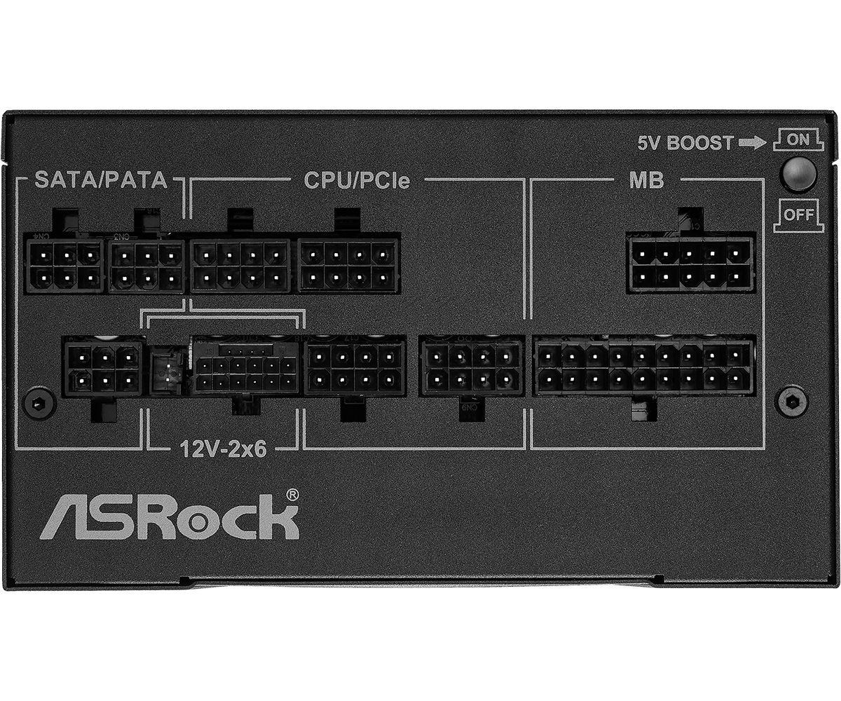 Czarny zasilacz do komputera. Posiada kilka złączy oznaczonych jako SATA/PATA, CPU/PCIe, 12V-2x6 i MB.