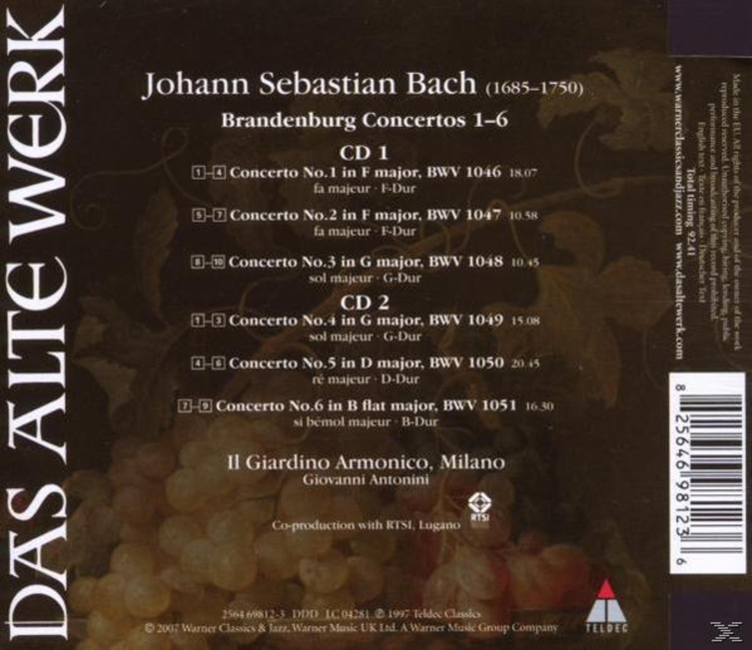 CD-Cover von Brandenburgischen Konzerten von J.S. Bach. Text auf weißem Hintergrund. Rückseite.