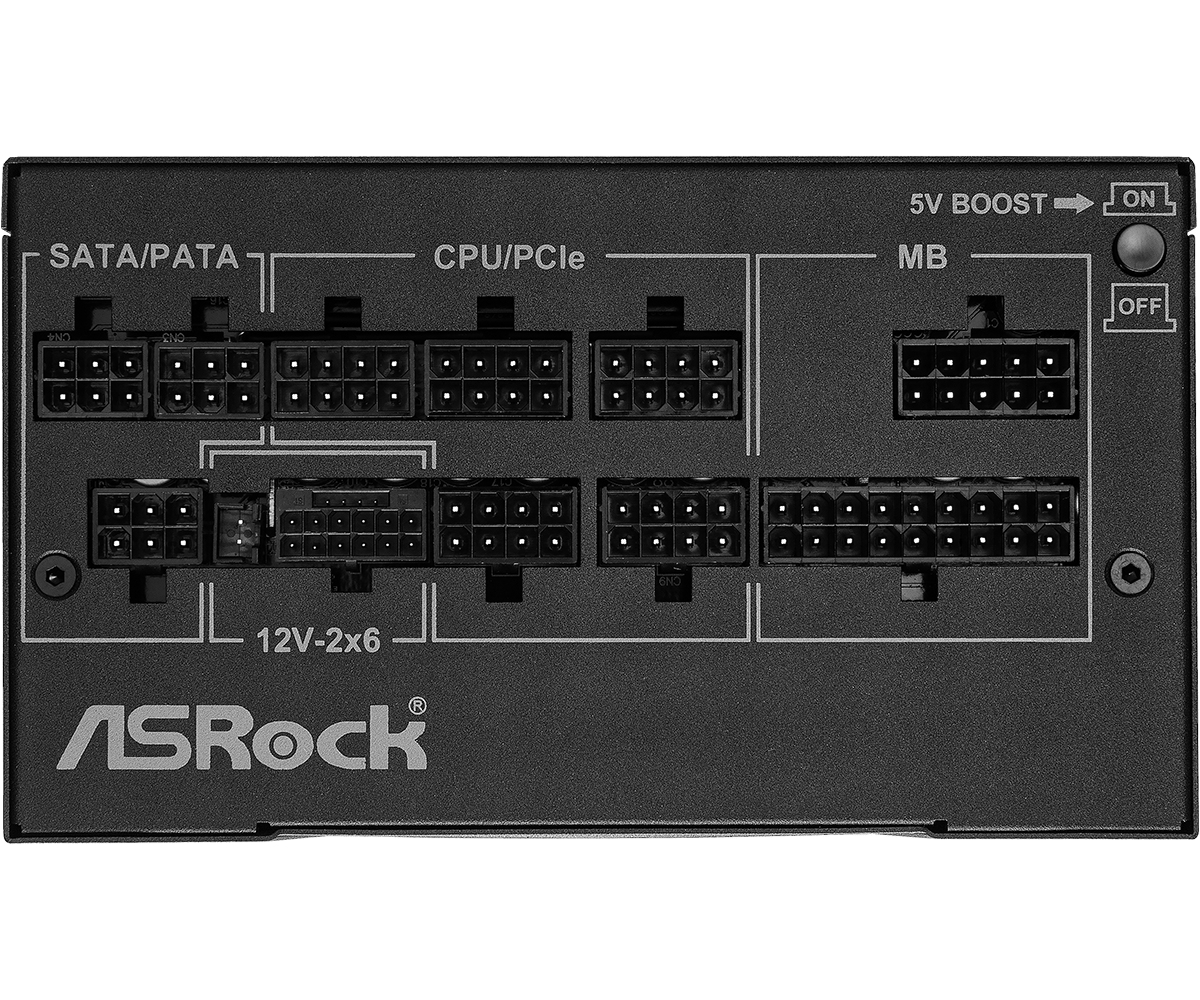 Czarny zasilacz komputerowy z wieloma portami połączeniowymi. Tekst: SATA/PATA, CPU/PCIe, 12V-2x6, 5V BOOST.