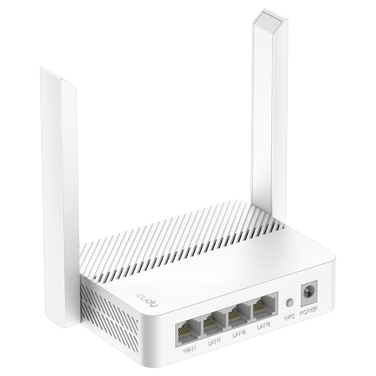 Biały router z antenami, portami WAN, LAN, WPS i zasilania.