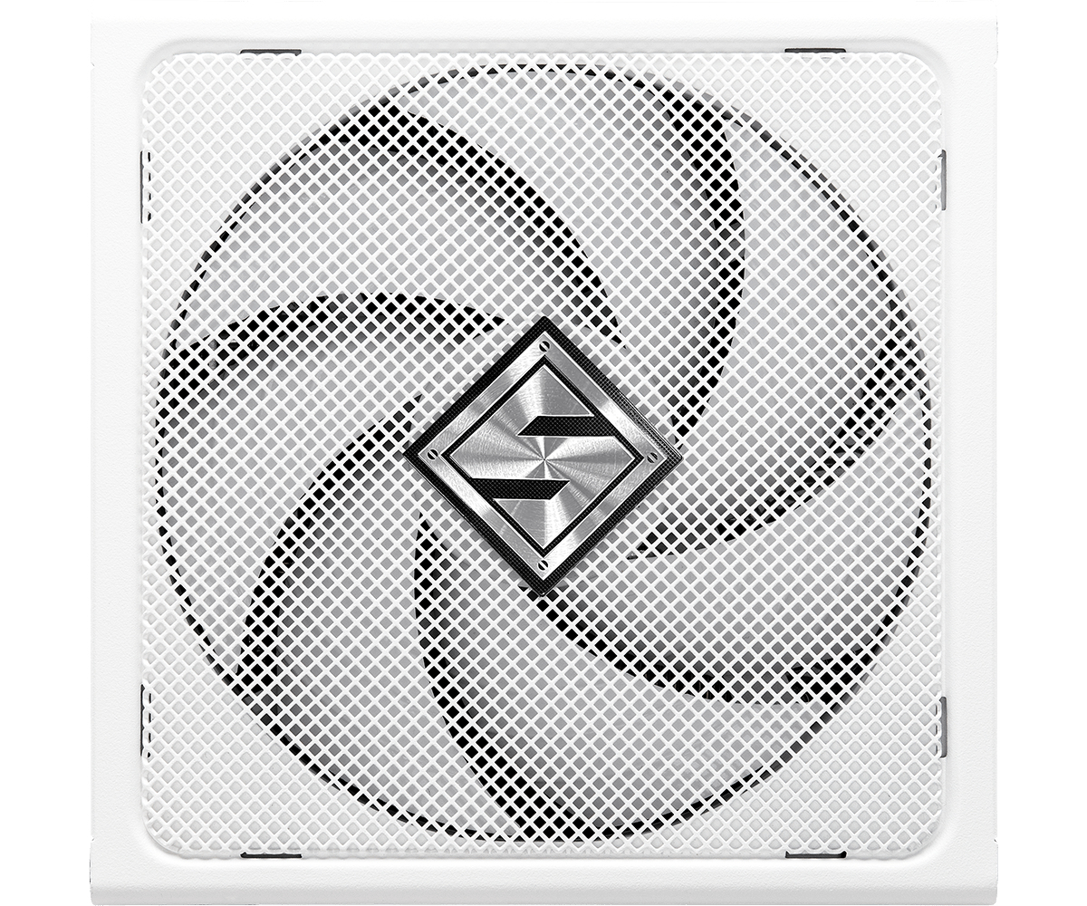 Biała kratka wentylatora zasilacza, z wzorem diamentów i centralnym logo. Logo jest srebrne i kwadratowe.