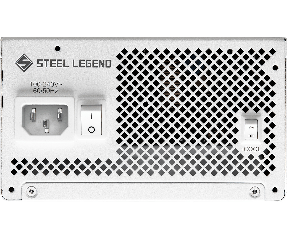 Tył białego zasilacza ASRock Steel Legend. Zawiera wejście AC, przełącznik i kratkę chłodzącą.