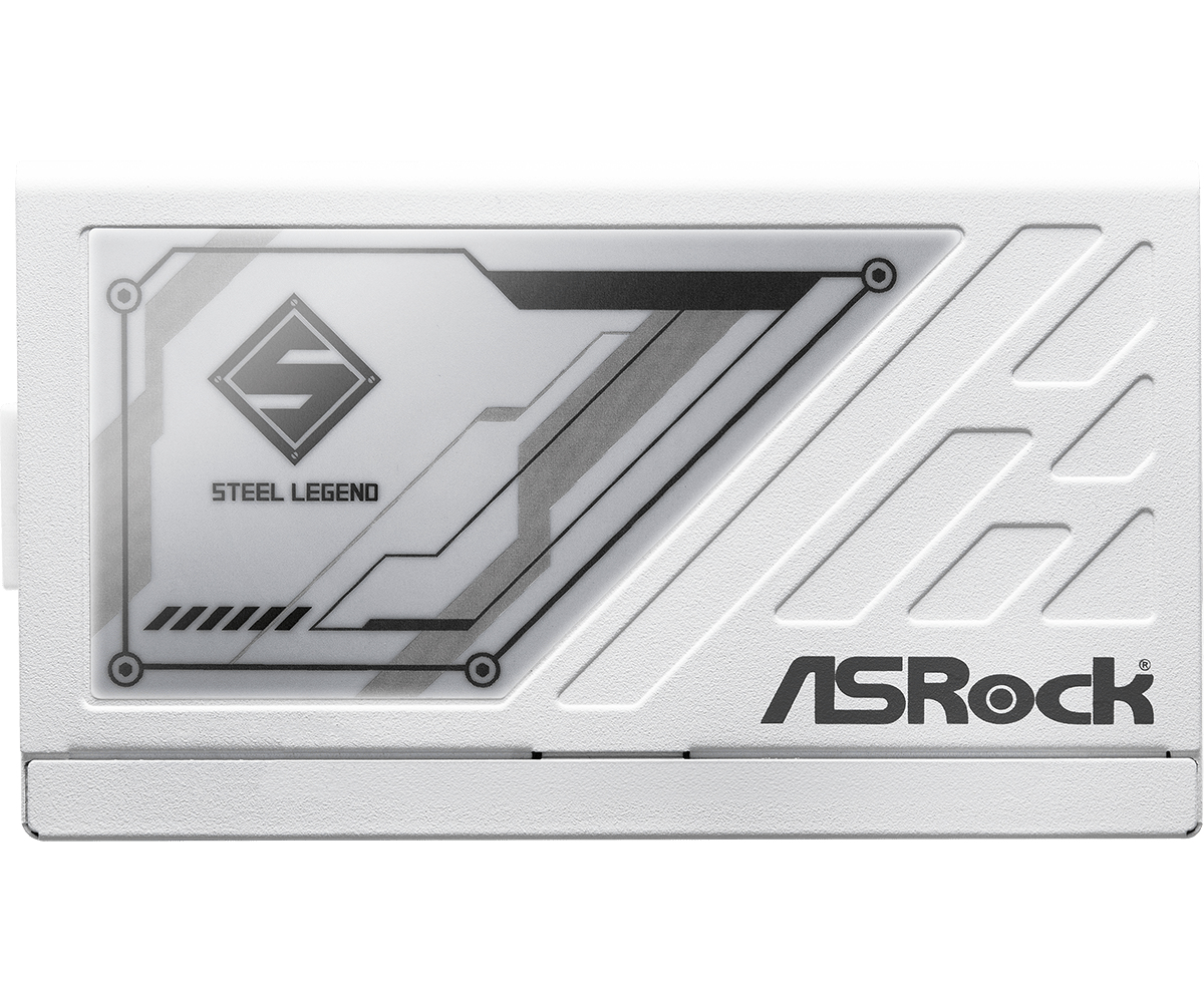 Widok z boku białego zasilacza ASRock Steel Legend. Pokazuje szczegóły logo i elementy designu.