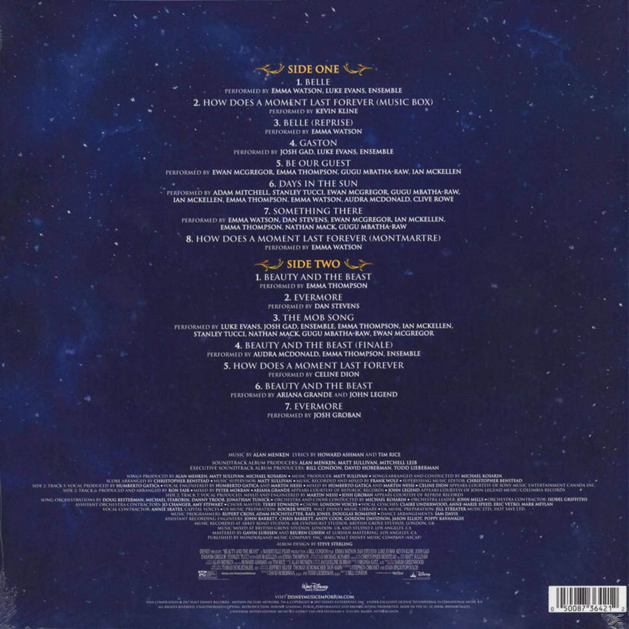 Tylna okładka albumu ze ścieżką dźwiękową Piękna i Bestia, z tekstem i napisami.